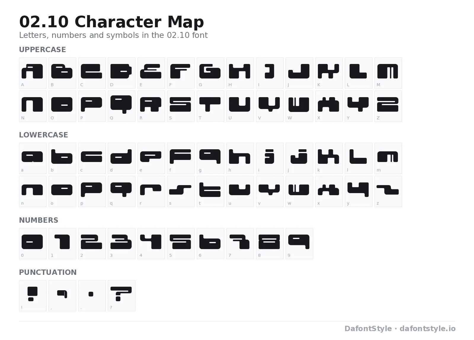 02.10 font character map with uppercase and lowercase letters, numbers and symbols