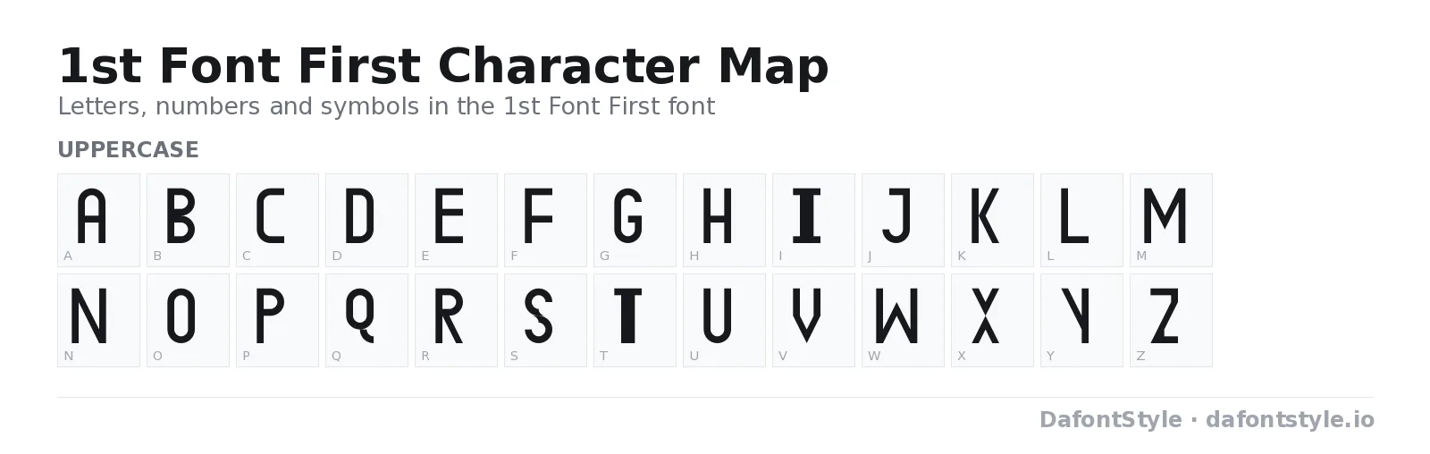 1st Font First font character map with uppercase and lowercase letters, numbers and symbols