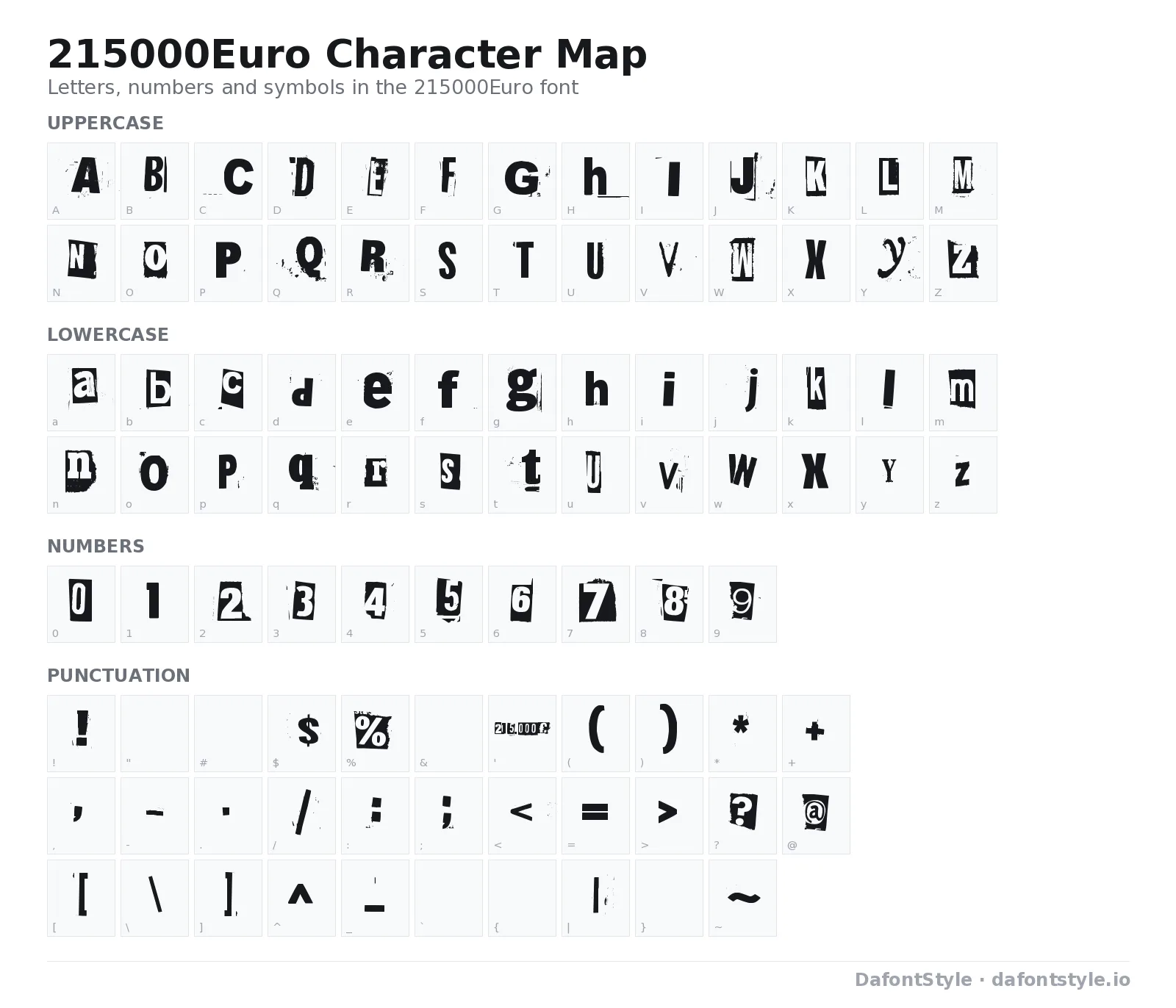 215000Euro font character map with uppercase and lowercase letters, numbers and symbols