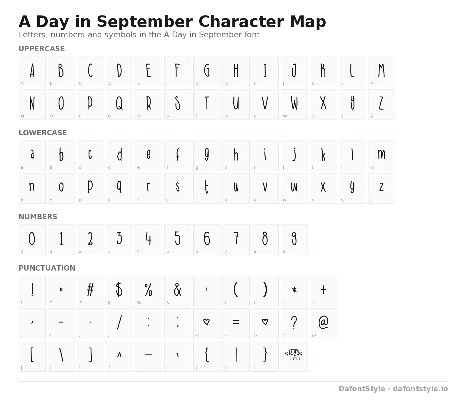 A Day in September font character map with uppercase and lowercase letters, numbers and symbols