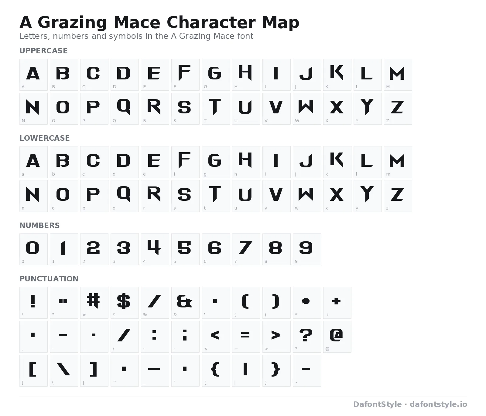 A Grazing Mace font character map with uppercase and lowercase letters, numbers and symbols