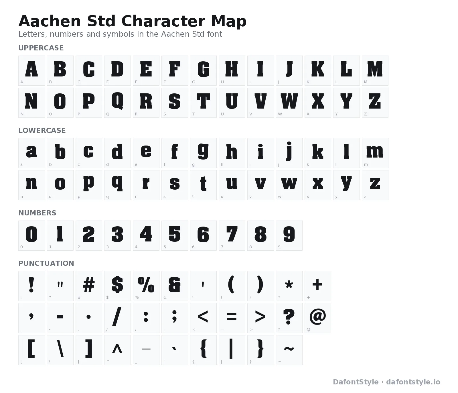 Aachen Std font character map with uppercase and lowercase letters, numbers and symbols