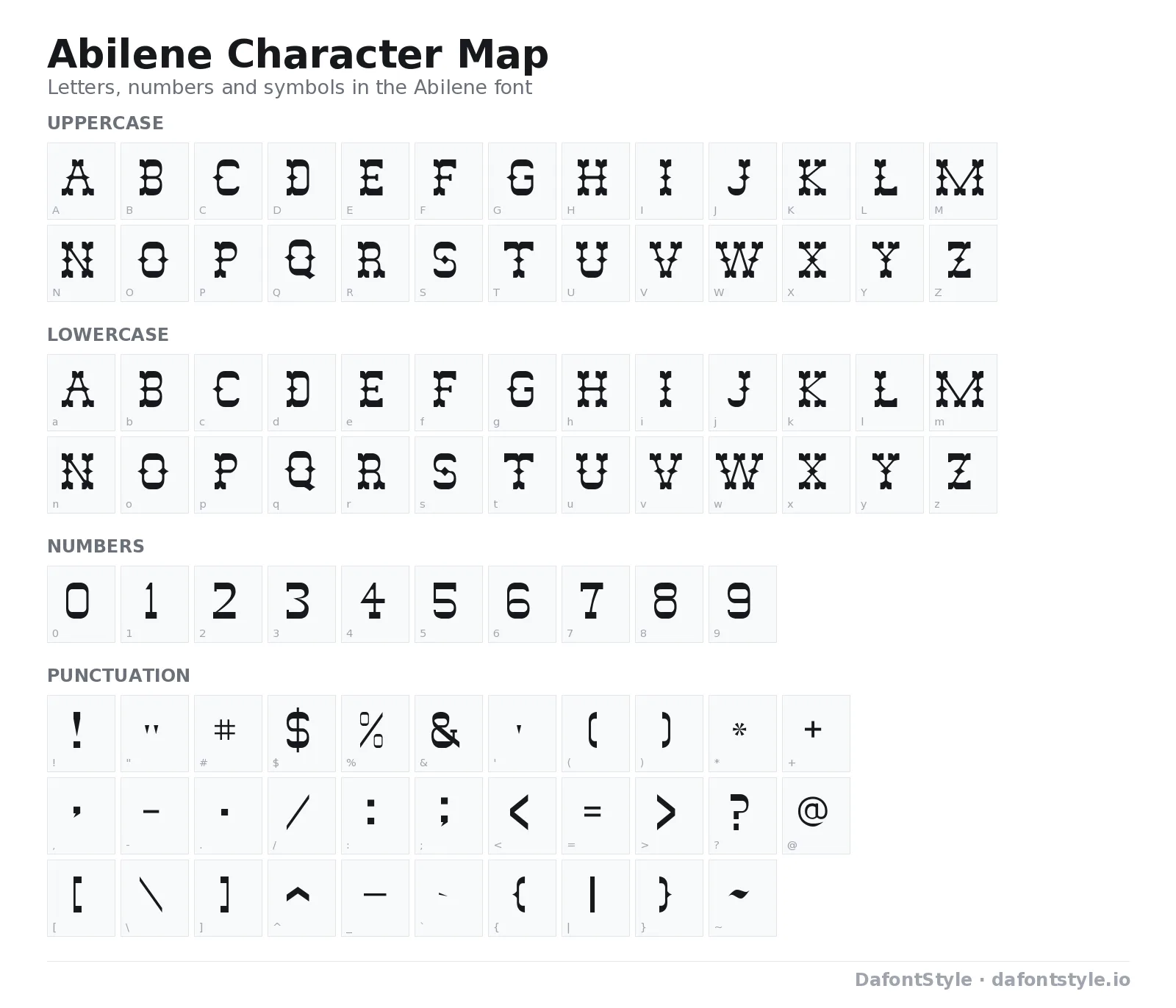 Abilene font character map with uppercase and lowercase letters, numbers and symbols