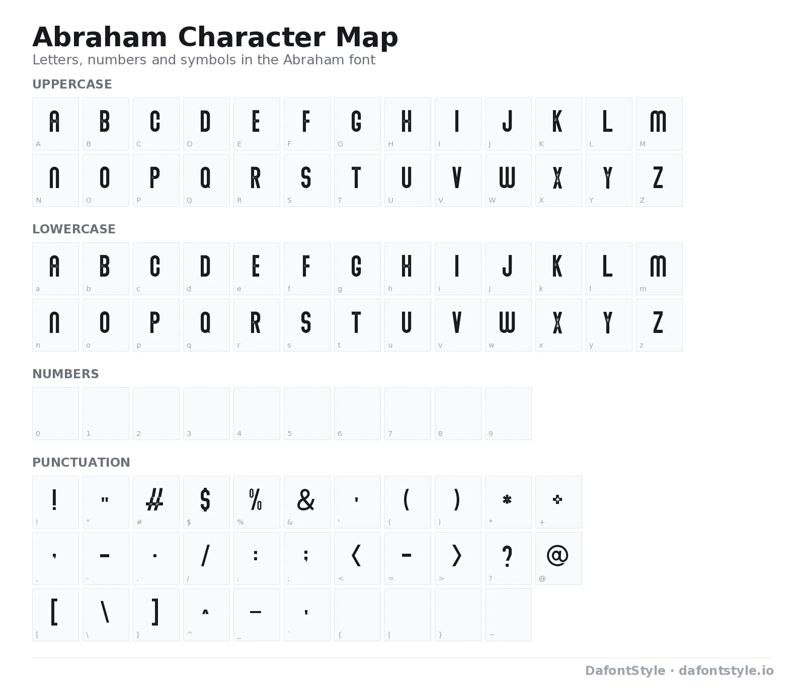 Abraham font character map with uppercase and lowercase letters, numbers and symbols