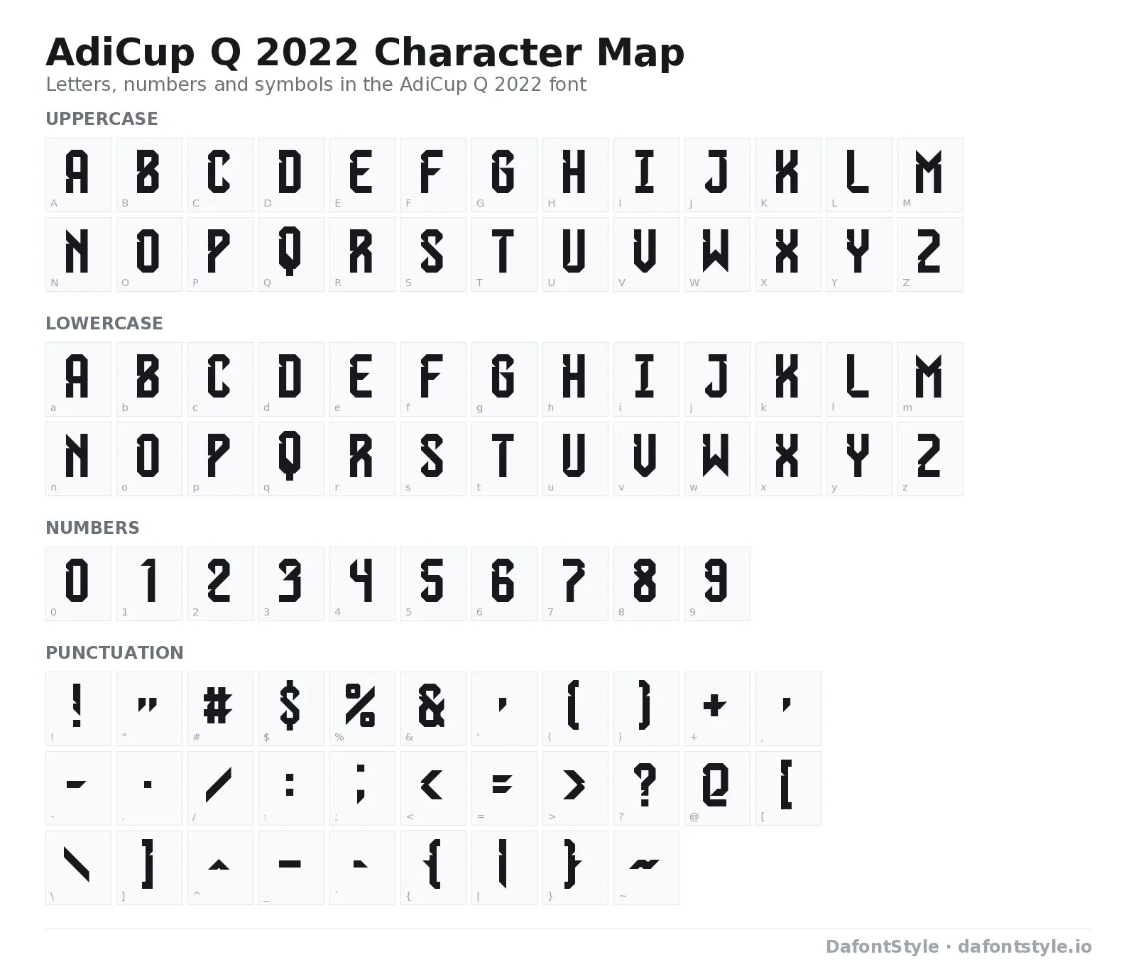 AdiCup Q 2022 font character map with uppercase and lowercase letters, numbers and symbols
