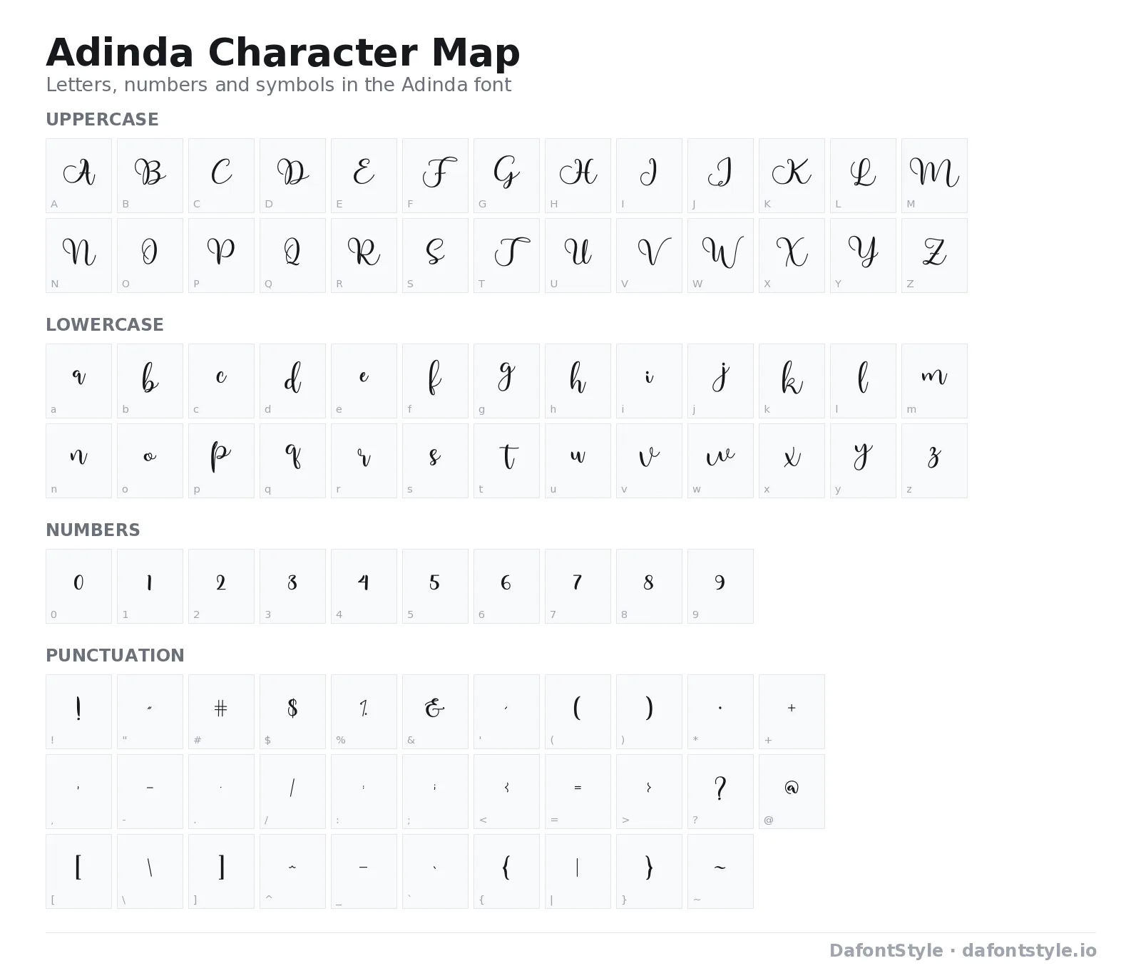 Adinda font character map with uppercase and lowercase letters, numbers and symbols