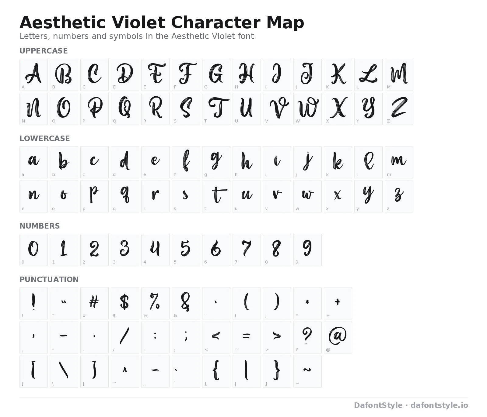 Aesthetic Violet font character map with uppercase and lowercase letters, numbers and symbols