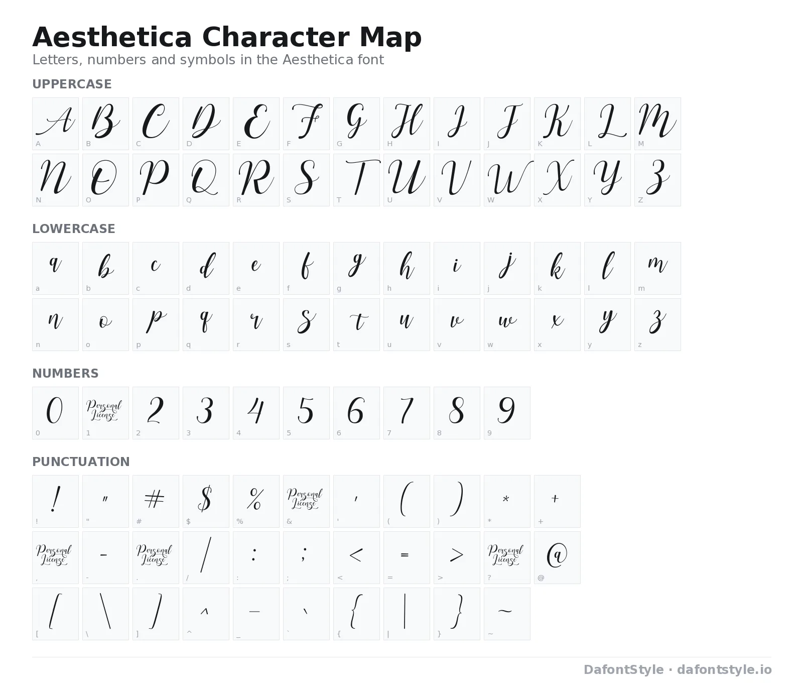 Aesthetica font character map with uppercase and lowercase letters, numbers and symbols