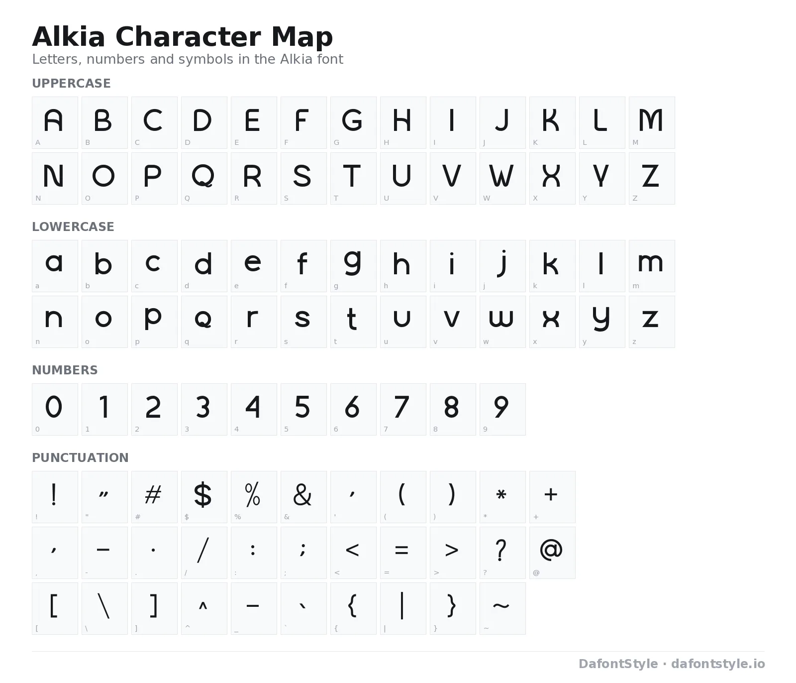 Alkia font character map with uppercase and lowercase letters, numbers and symbols