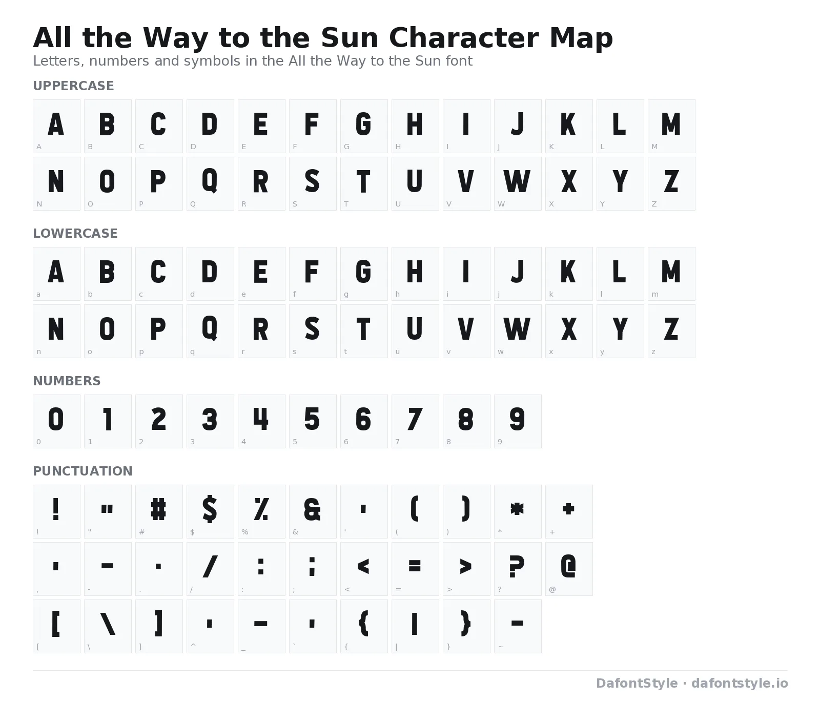 All the Way to the Sun font character map with uppercase and lowercase letters, numbers and symbols