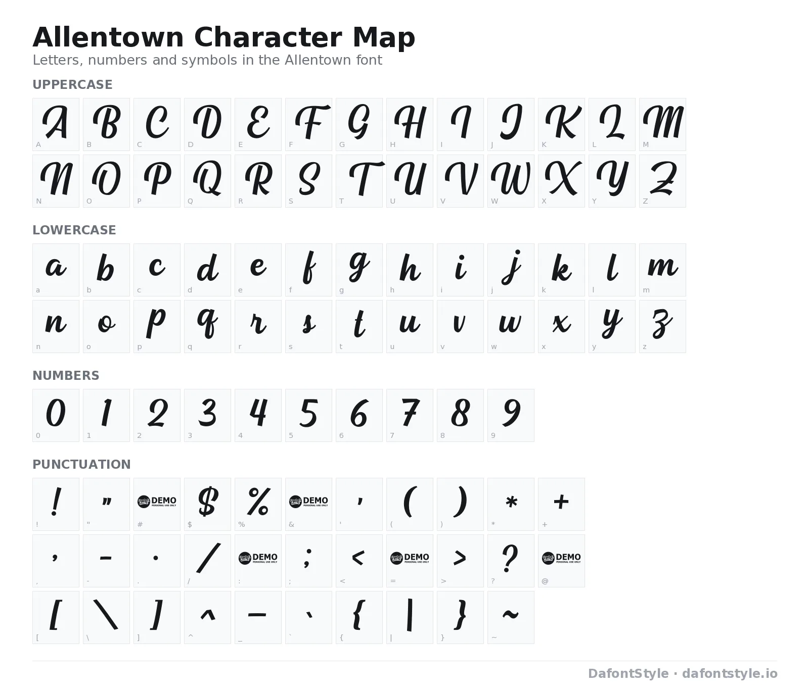 Allentown font character map with uppercase and lowercase letters, numbers and symbols