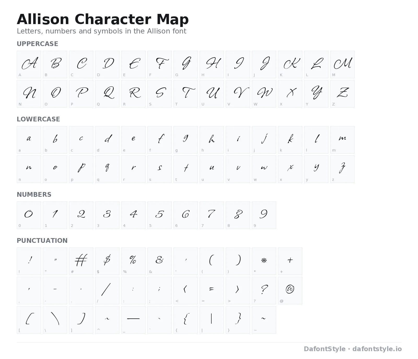 Allison font character map with uppercase and lowercase letters, numbers and symbols