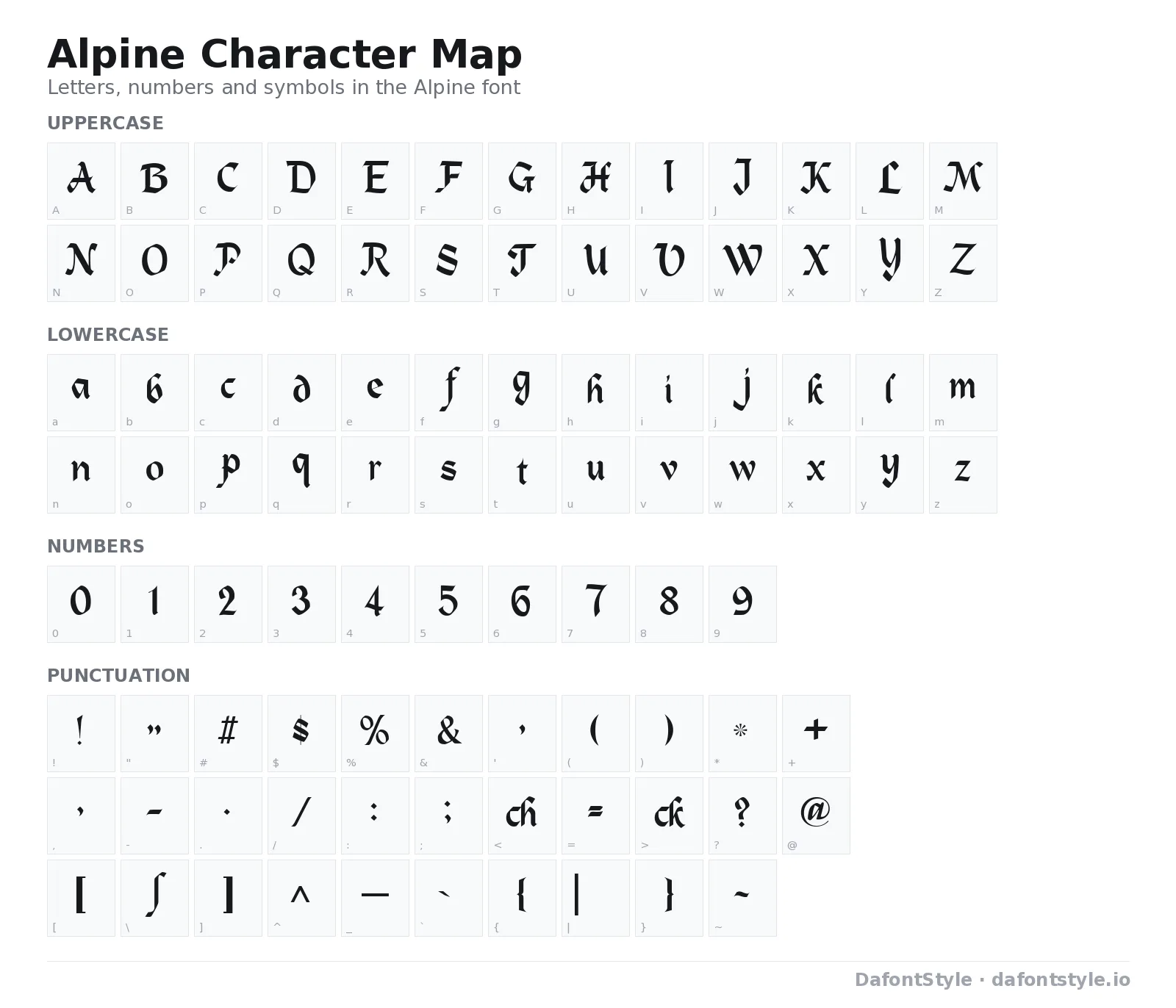 Alpine font character map with uppercase and lowercase letters, numbers and symbols