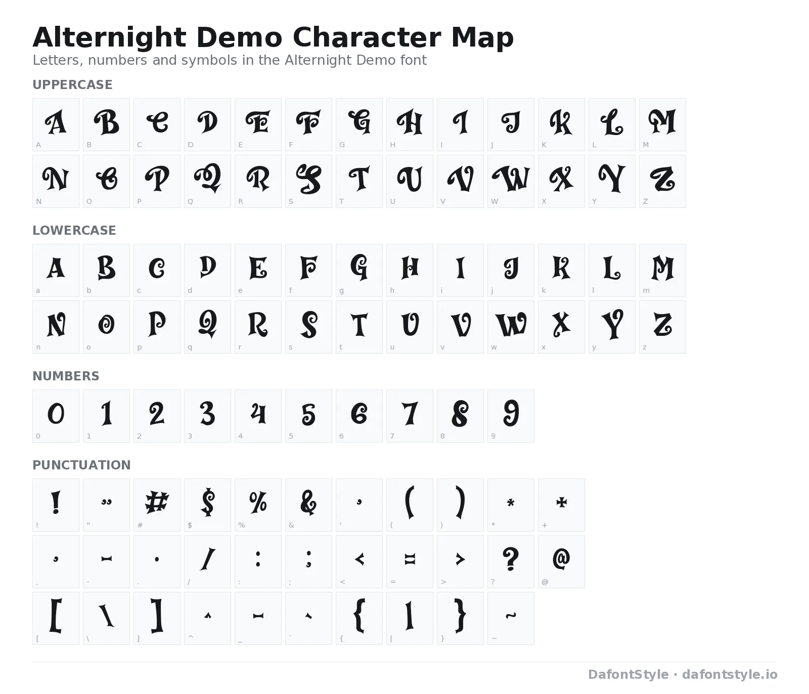 Alternight Demo font character map with uppercase and lowercase letters, numbers and symbols
