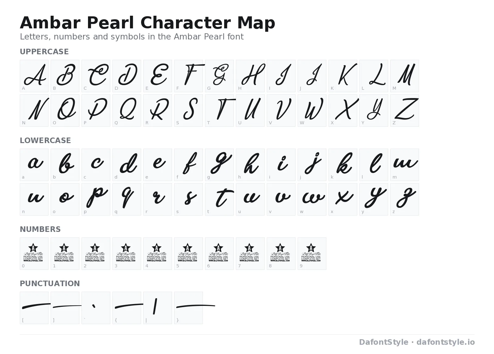 Ambar Pearl font character map with uppercase and lowercase letters, numbers and symbols