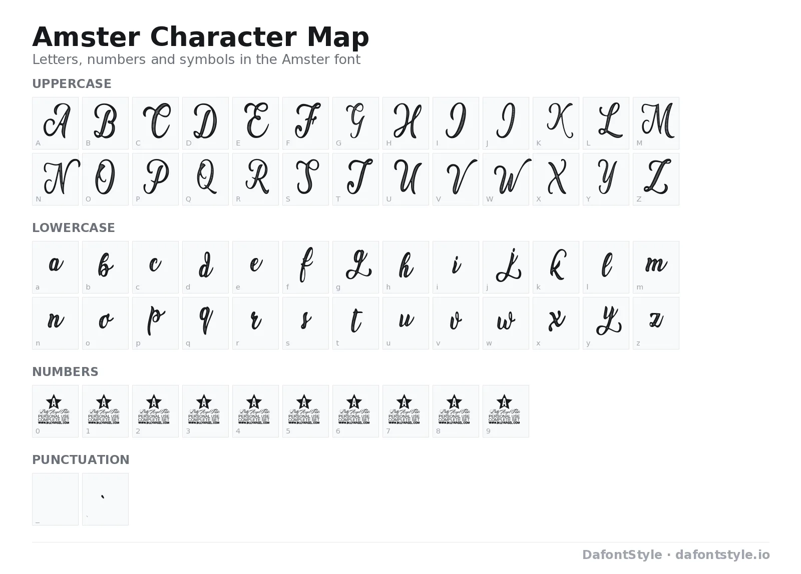 Amster font character map with uppercase and lowercase letters, numbers and symbols