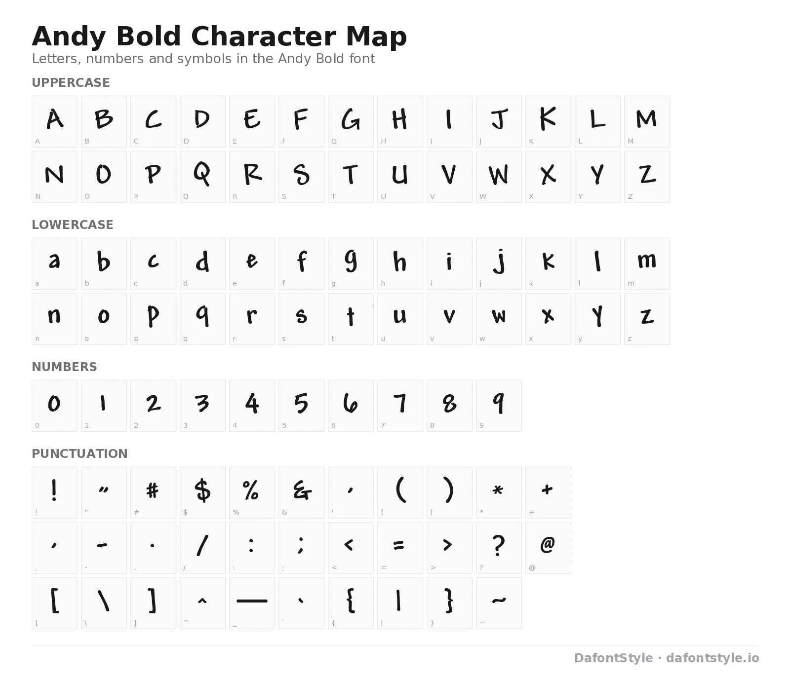 Andy Bold font character map with uppercase and lowercase letters, numbers and symbols
