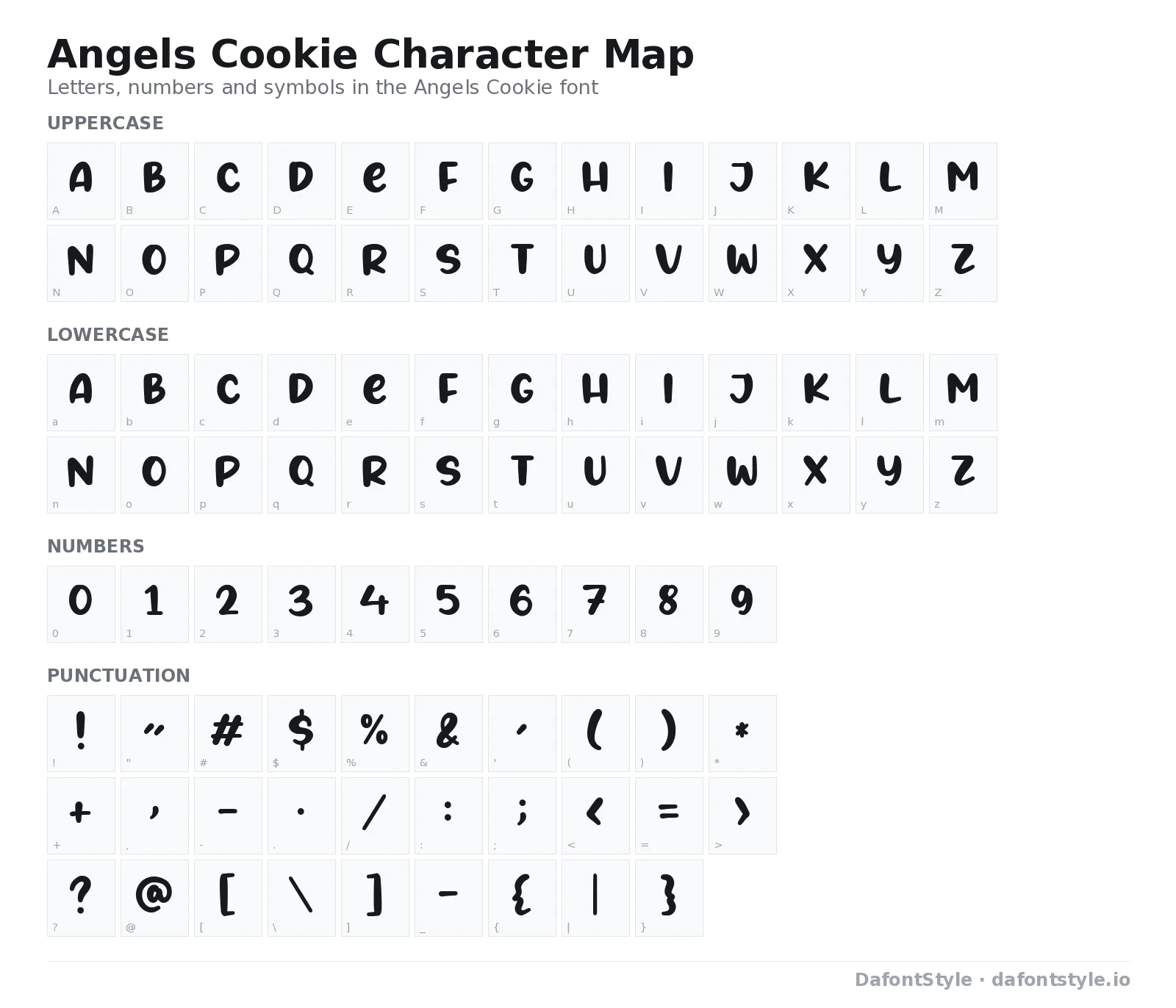 Angels Cookie font character map with uppercase and lowercase letters, numbers and symbols