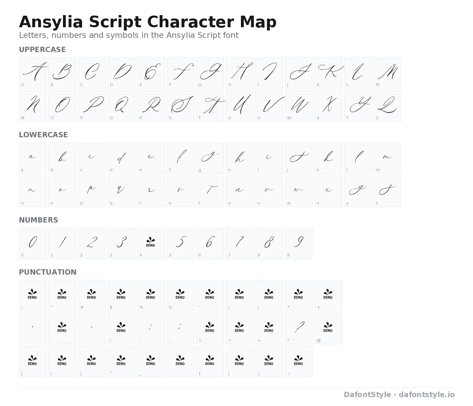 Ansylia Script font character map with uppercase and lowercase letters, numbers and symbols