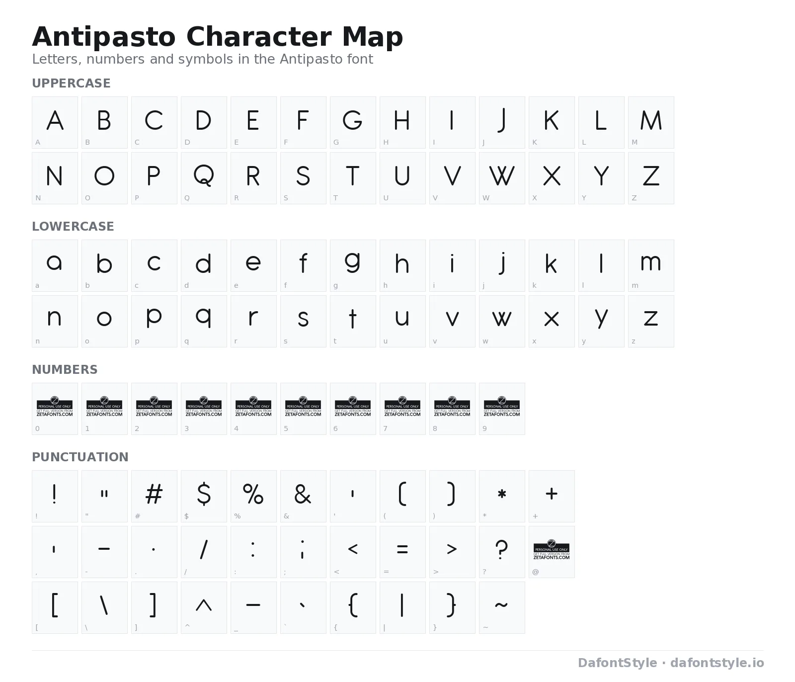 Antipasto font character map with uppercase and lowercase letters, numbers and symbols