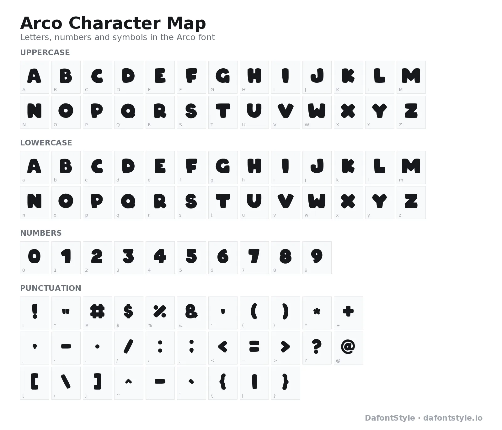 Arco font character map with uppercase and lowercase letters, numbers and symbols