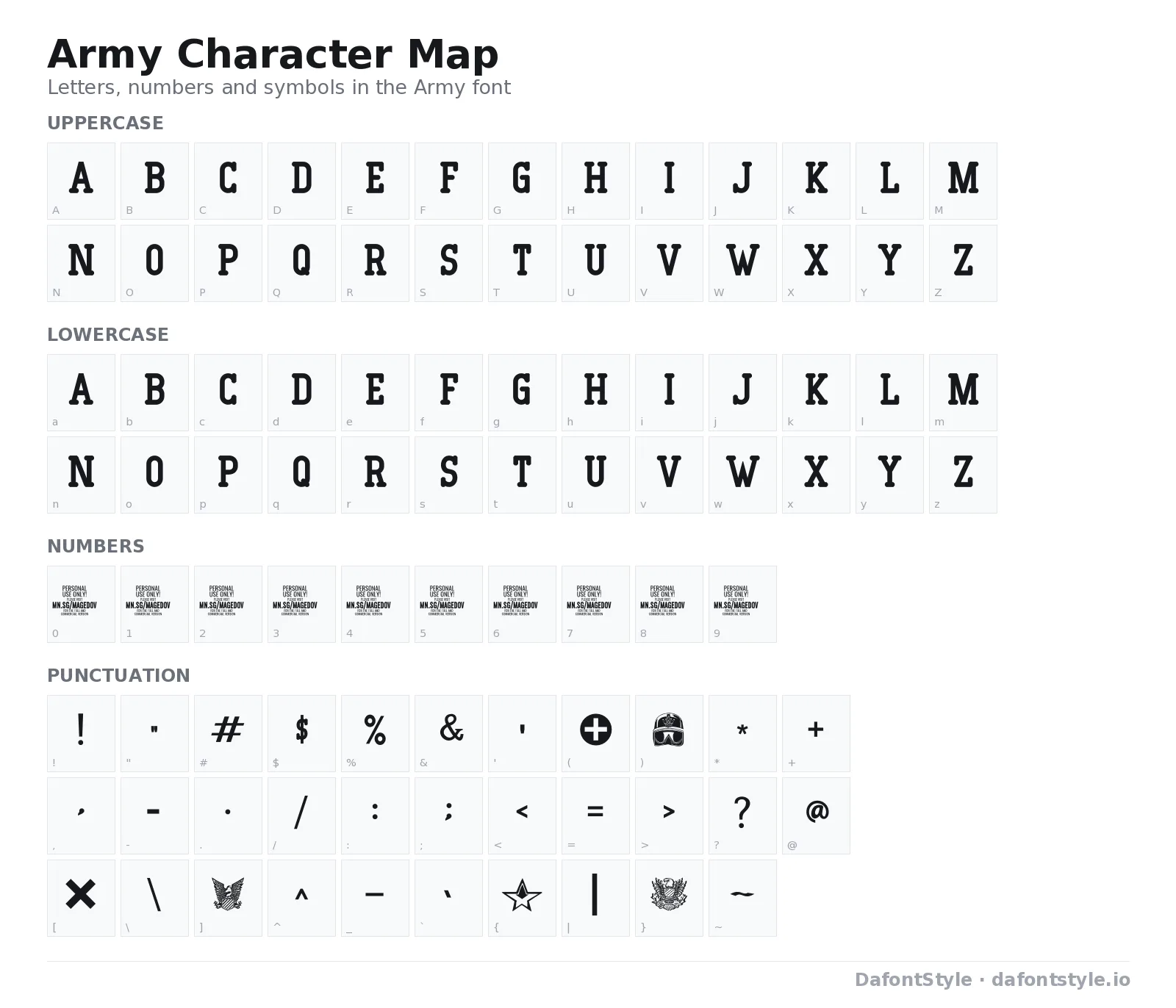 Army font character map with uppercase and lowercase letters, numbers and symbols