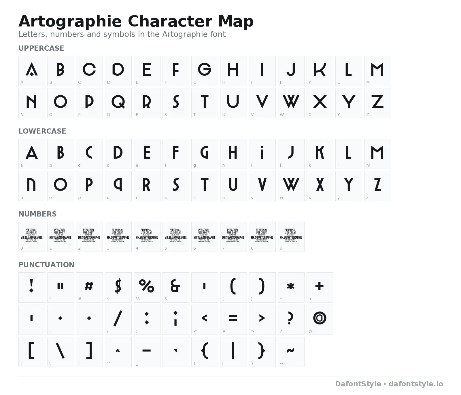 Artographie font character map with uppercase and lowercase letters, numbers and symbols