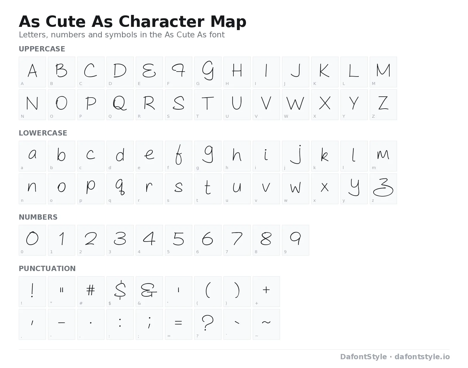 As Cute As font character map with uppercase and lowercase letters, numbers and symbols