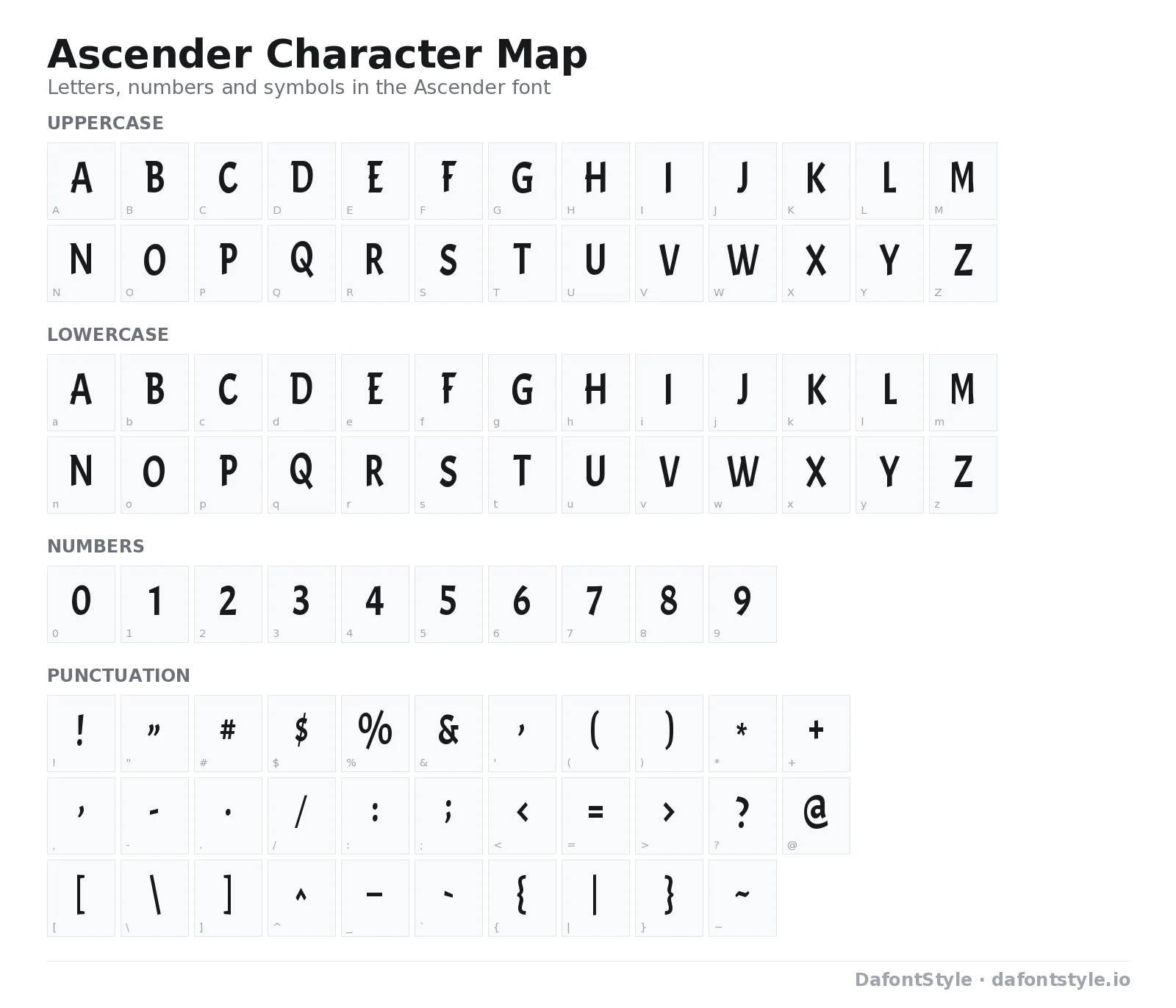 Ascender font character map with uppercase and lowercase letters, numbers and symbols