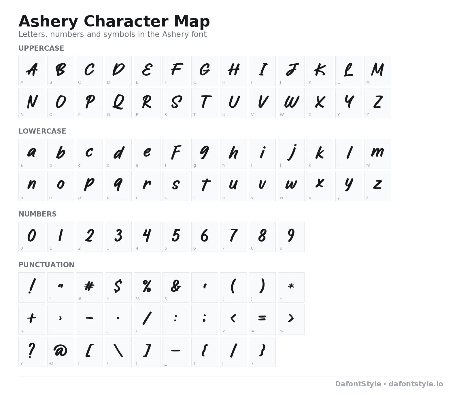 Ashery font character map with uppercase and lowercase letters, numbers and symbols