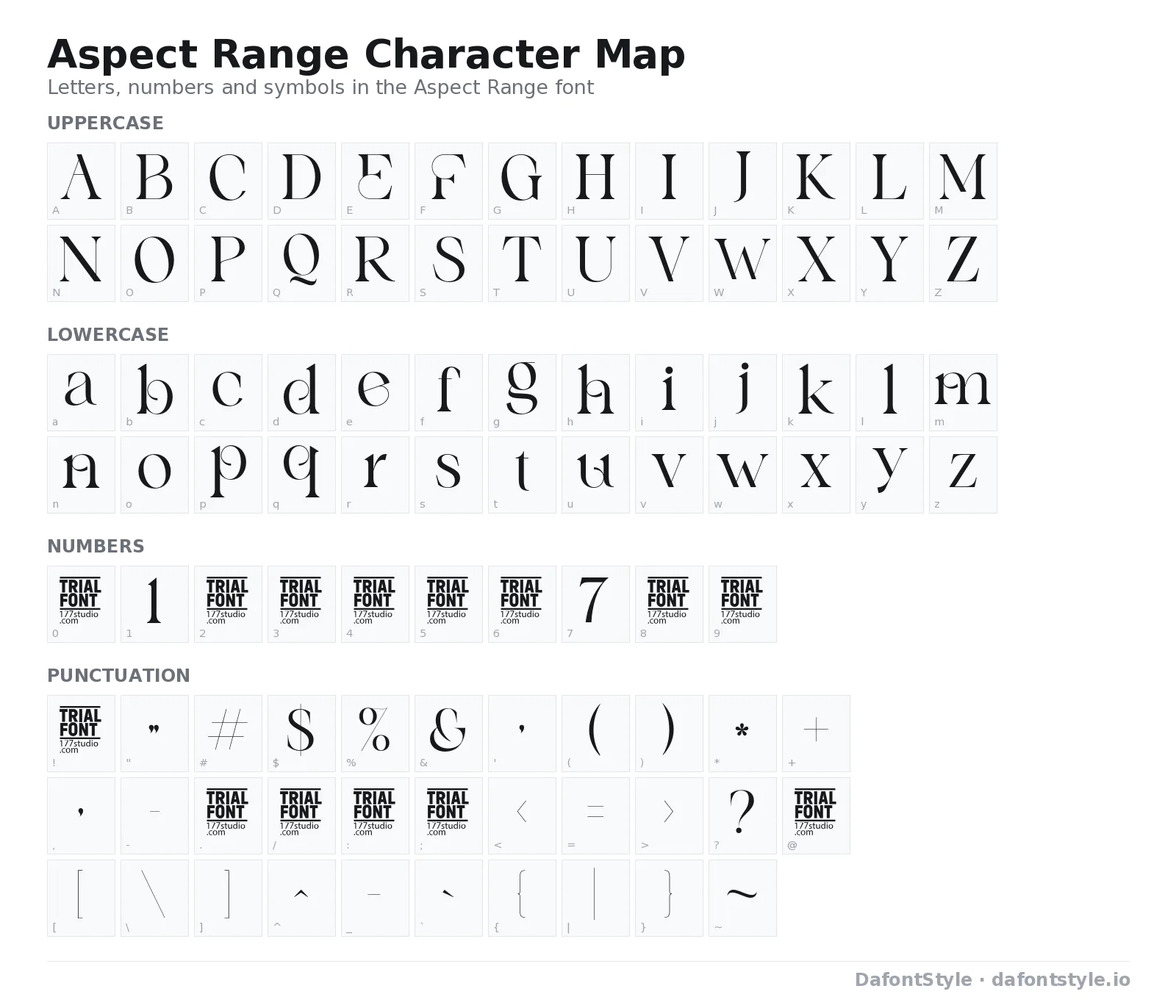 Aspect Range font character map with uppercase and lowercase letters, numbers and symbols