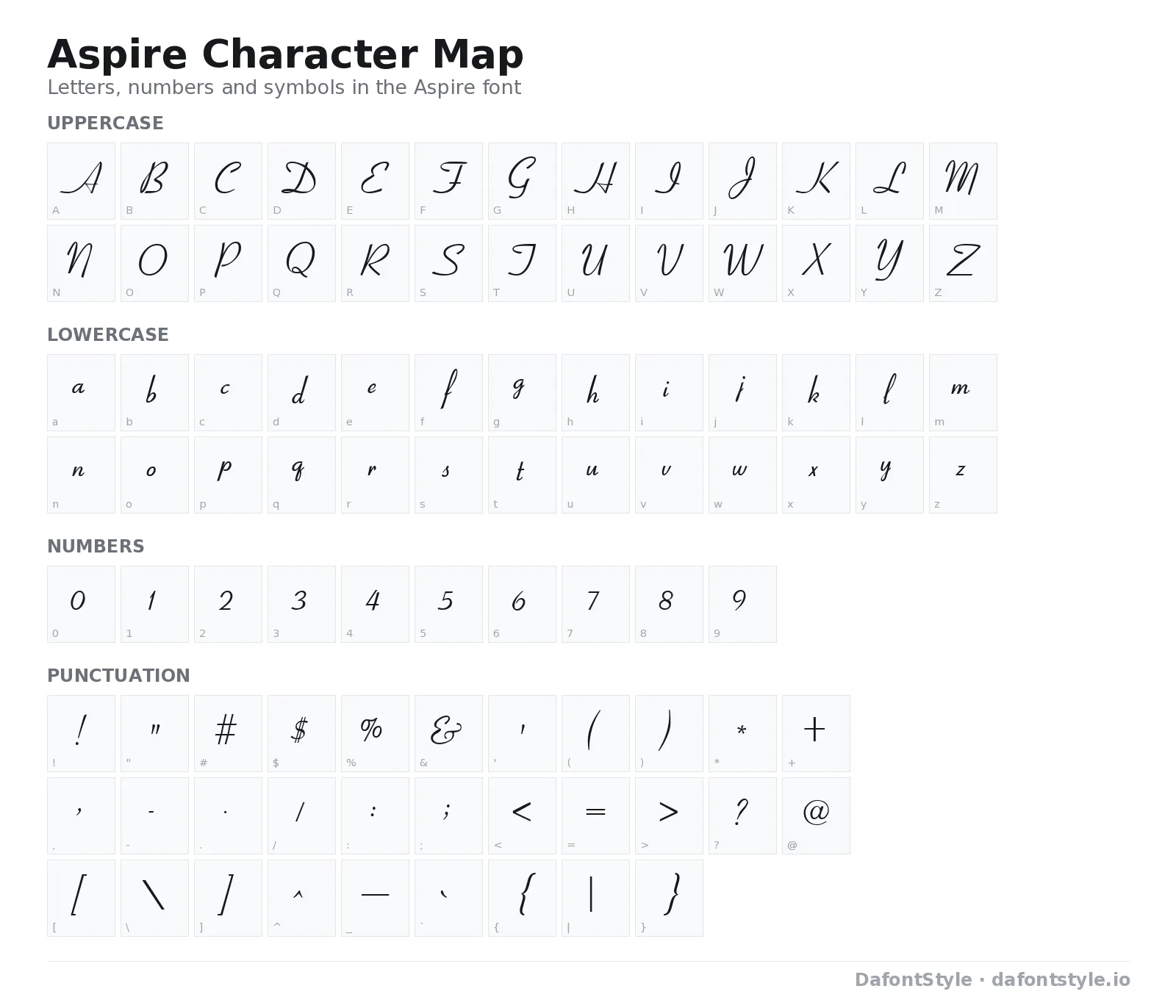 Aspire font character map with uppercase and lowercase letters, numbers and symbols