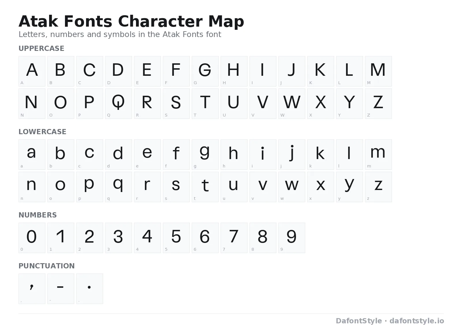 Atak Fonts font character map with uppercase and lowercase letters, numbers and symbols