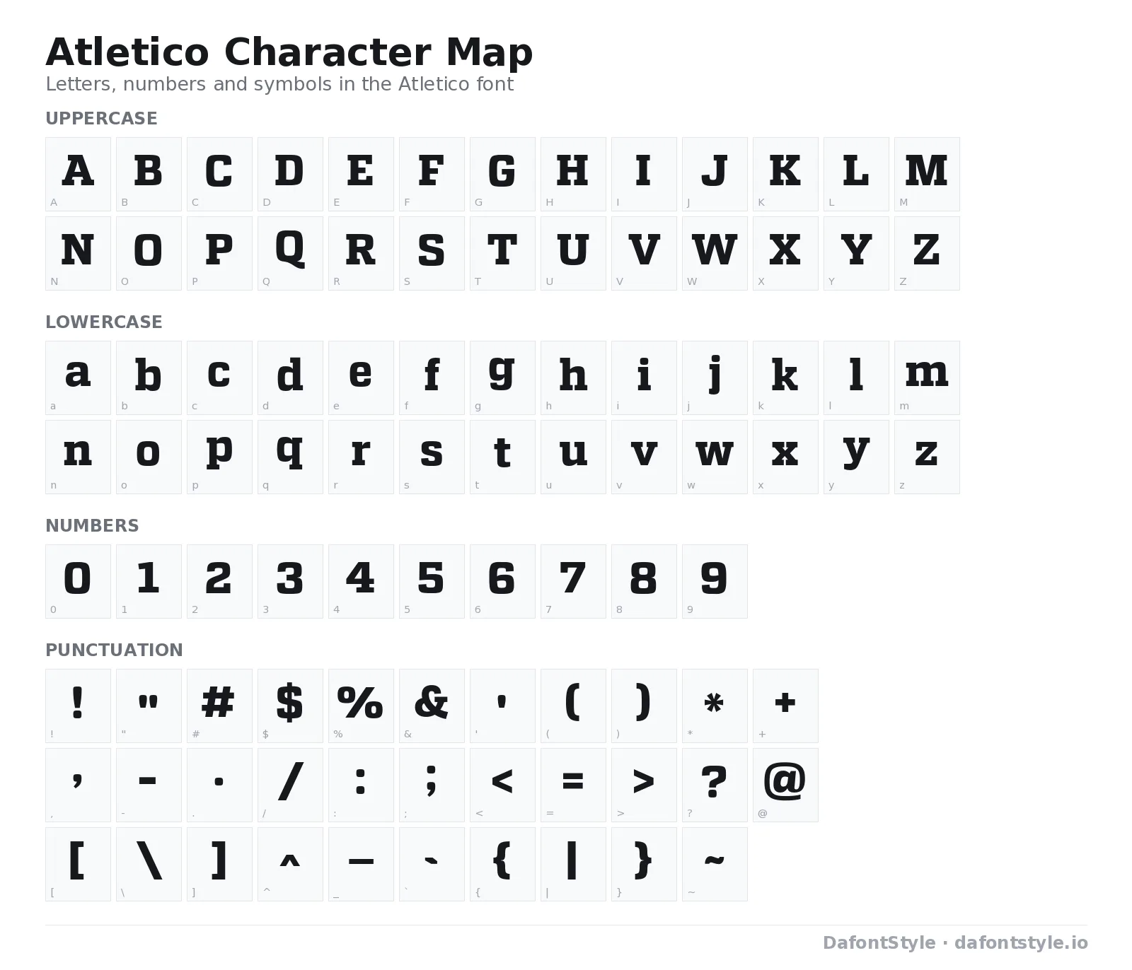 Atletico font character map with uppercase and lowercase letters, numbers and symbols