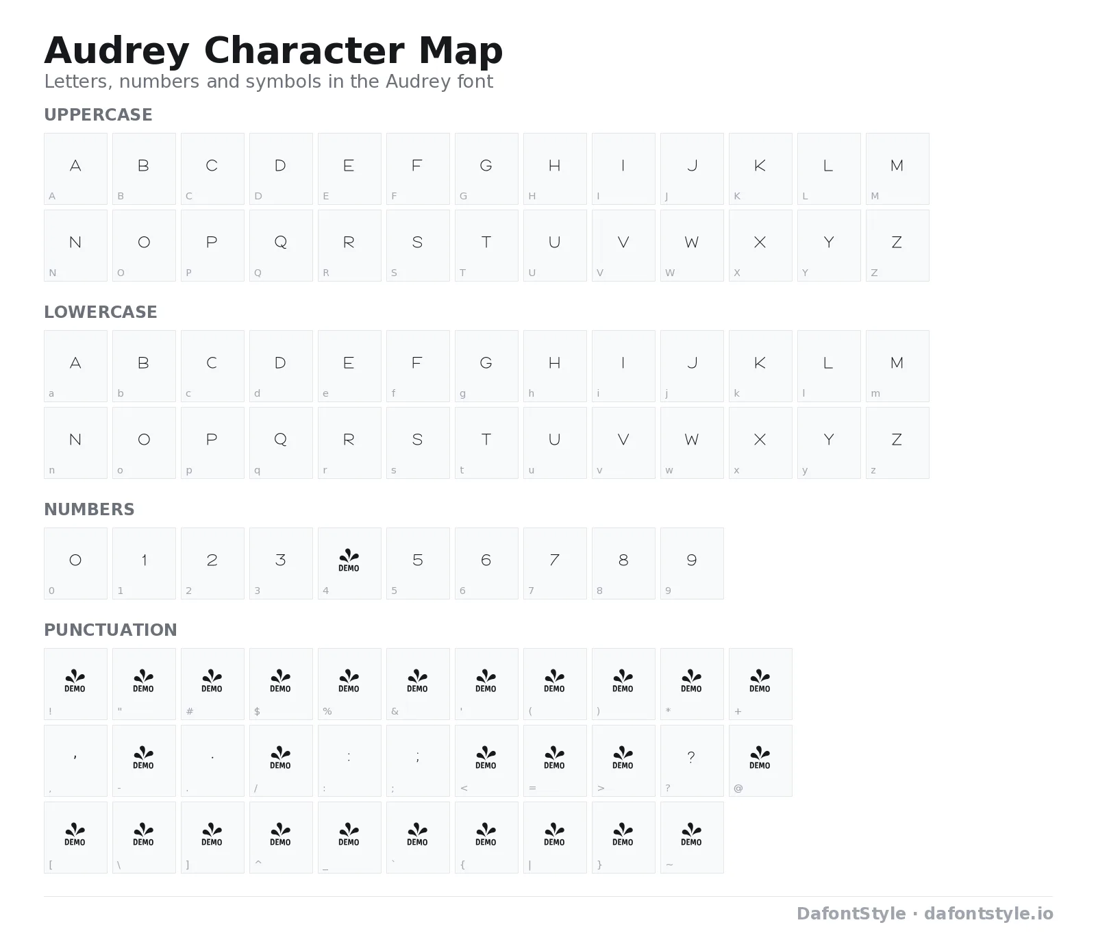 Audrey font character map with uppercase and lowercase letters, numbers and symbols