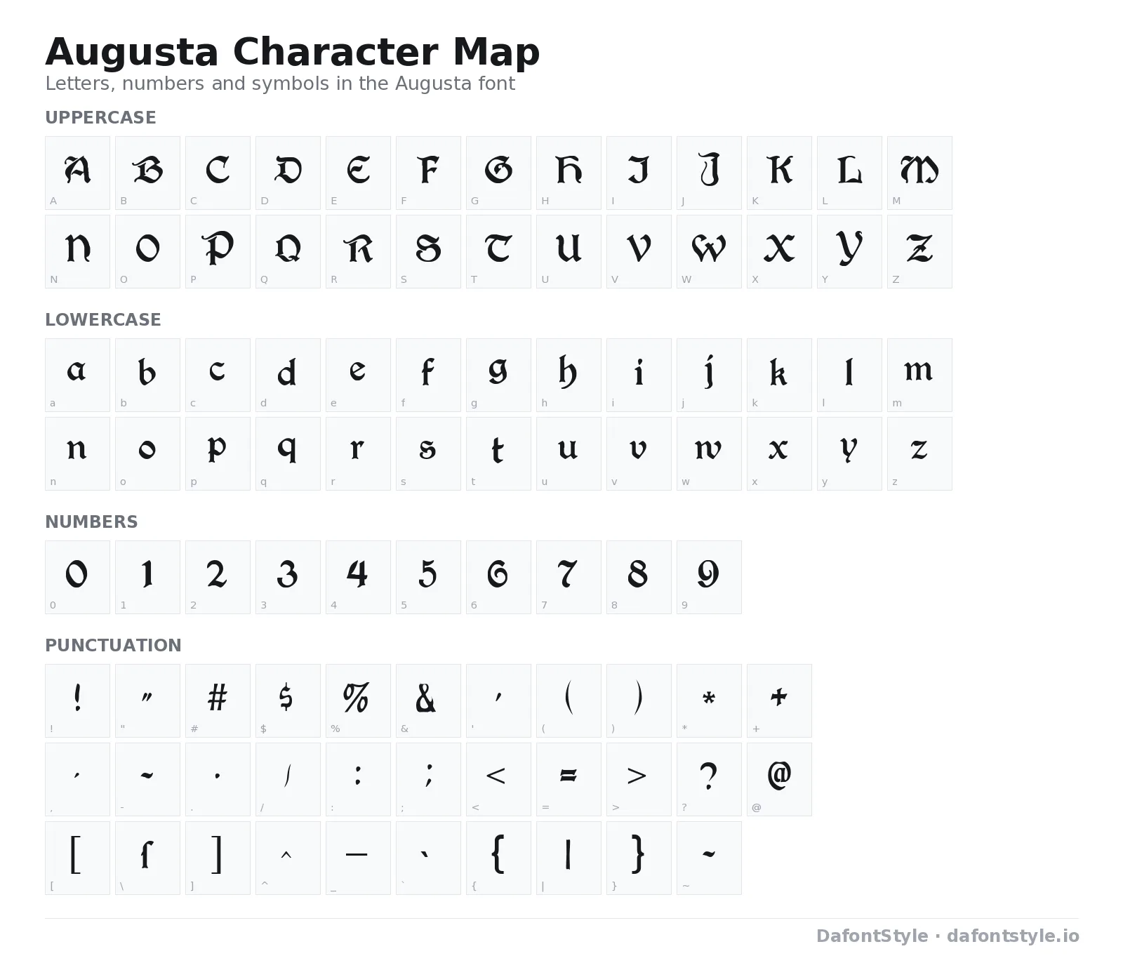 Augusta font character map with uppercase and lowercase letters, numbers and symbols