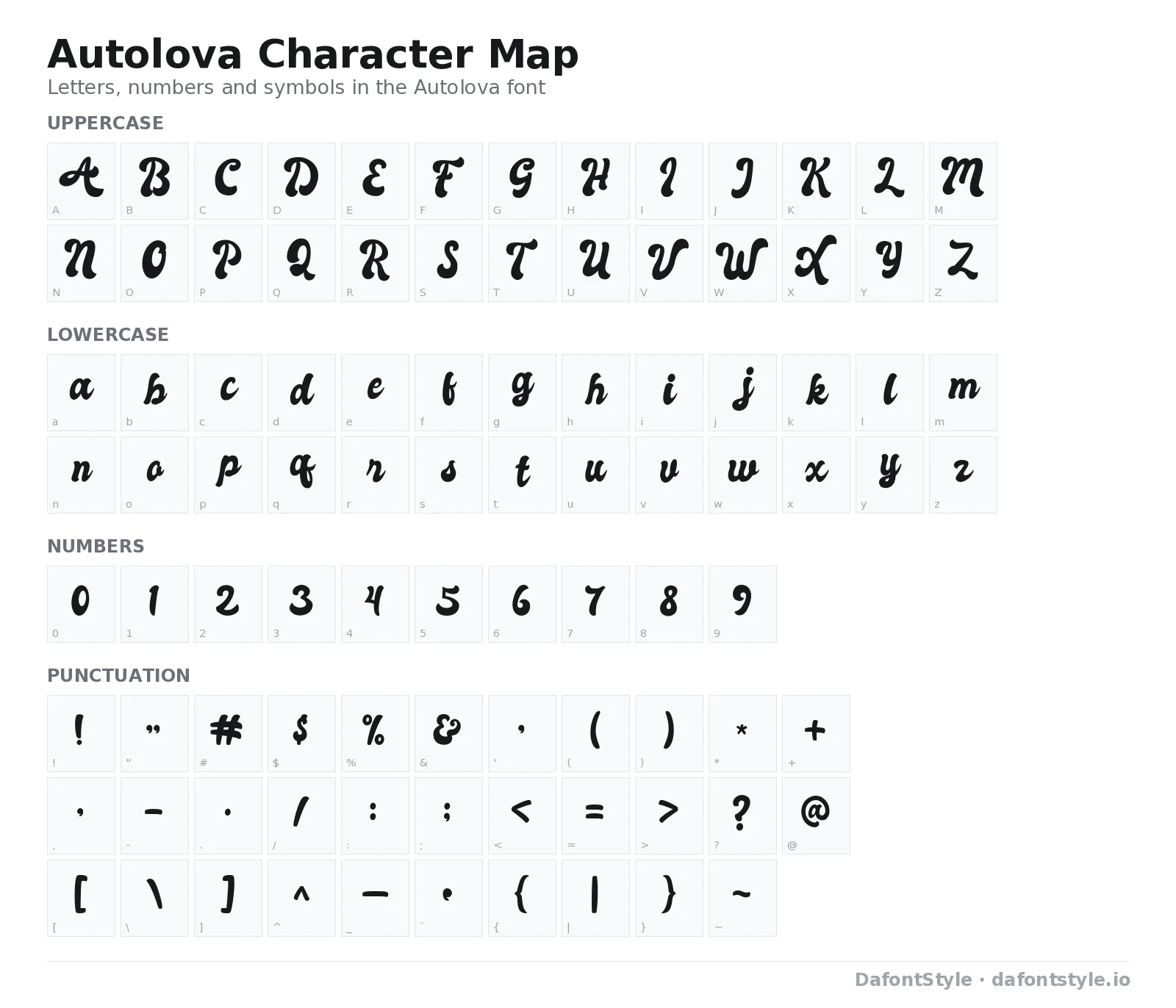 Autolova font character map with uppercase and lowercase letters, numbers and symbols