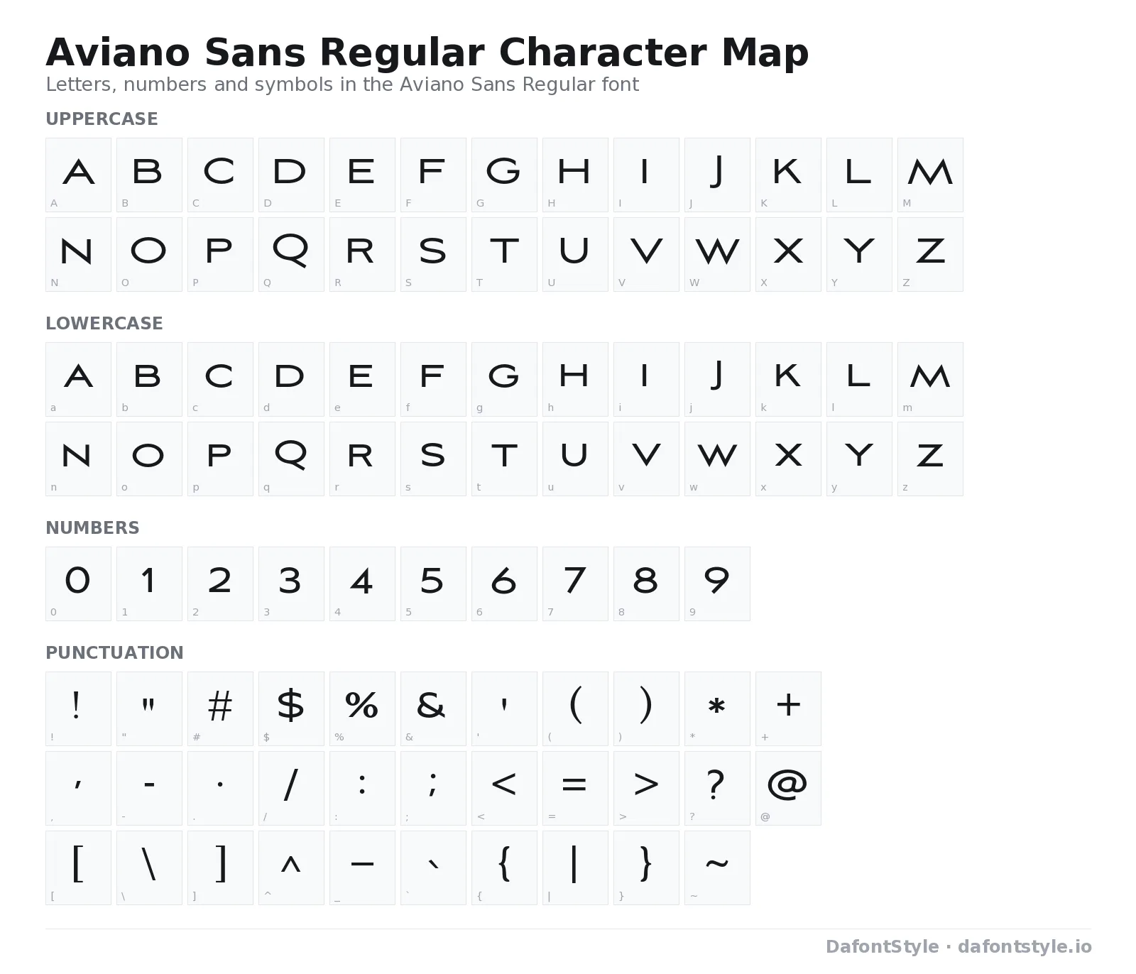 Aviano Sans Regular font character map with uppercase and lowercase letters, numbers and symbols