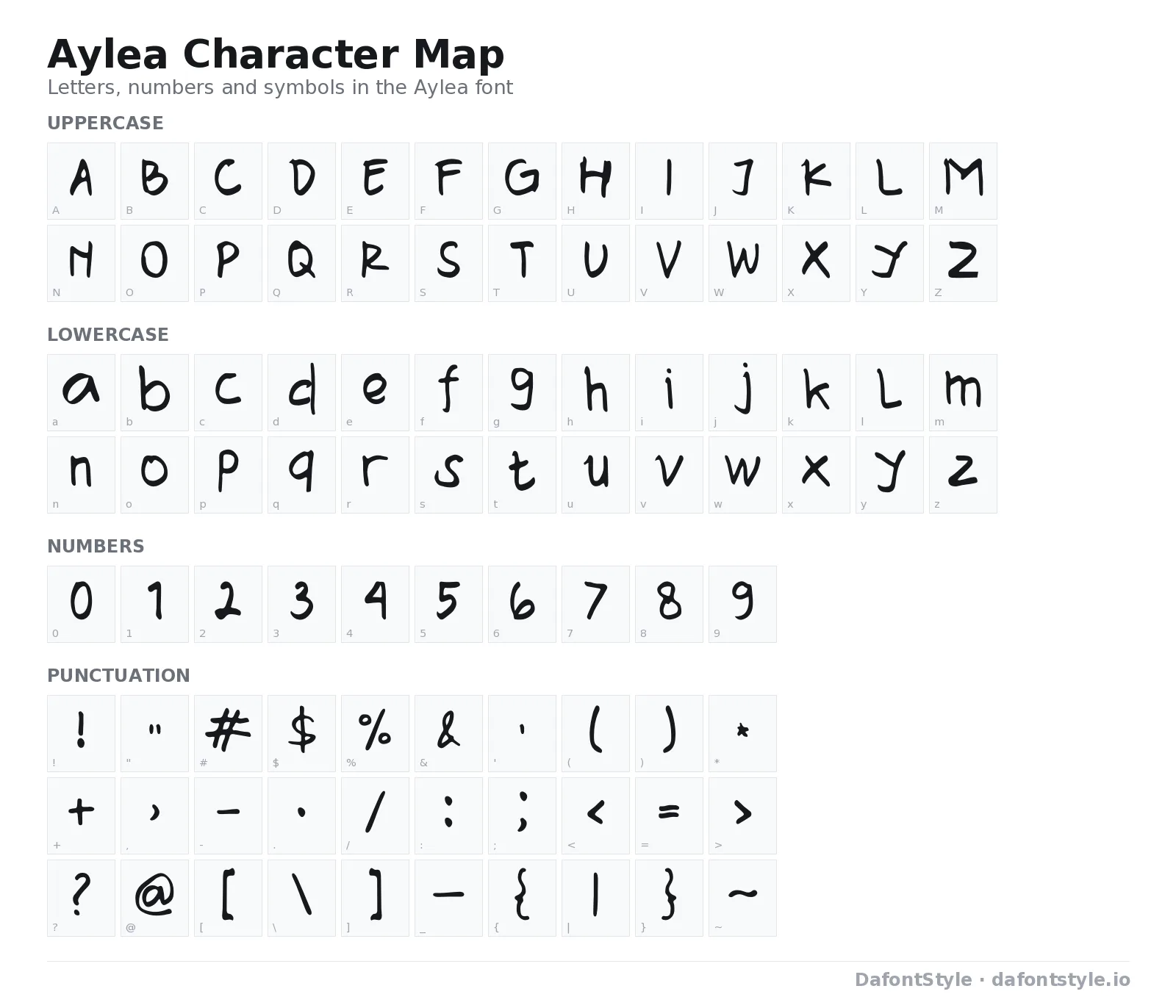 Aylea font character map with uppercase and lowercase letters, numbers and symbols