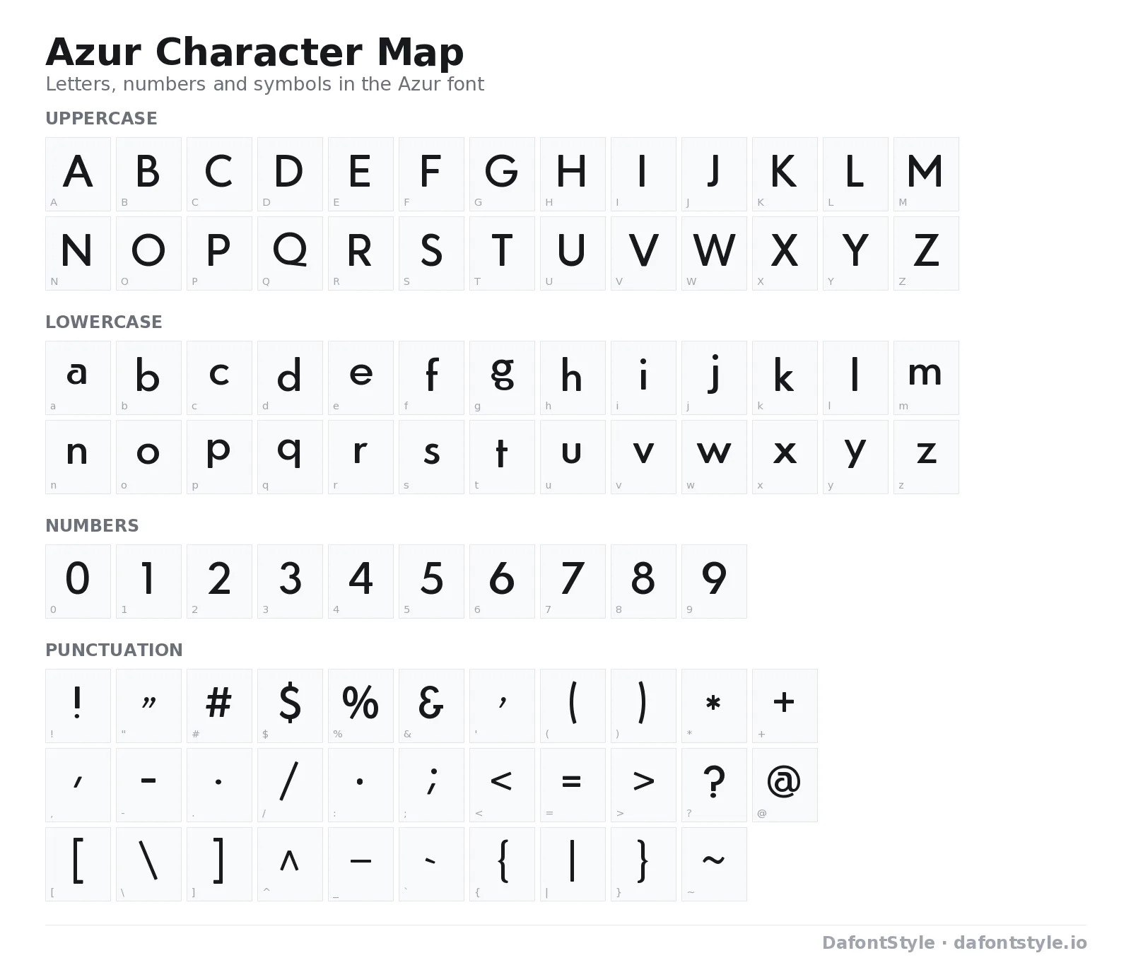Azur font character map with uppercase and lowercase letters, numbers and symbols