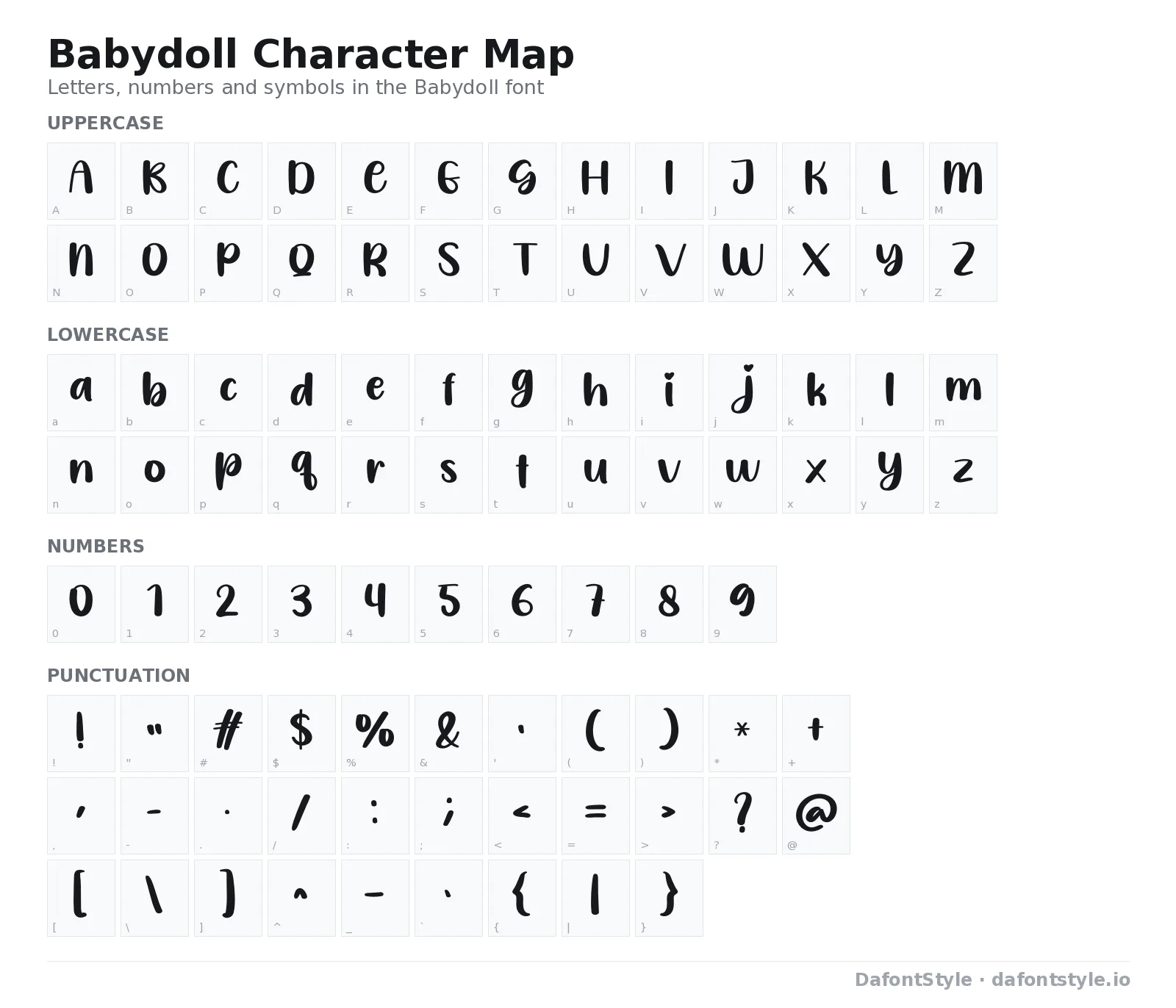 Babydoll font character map with uppercase and lowercase letters, numbers and symbols