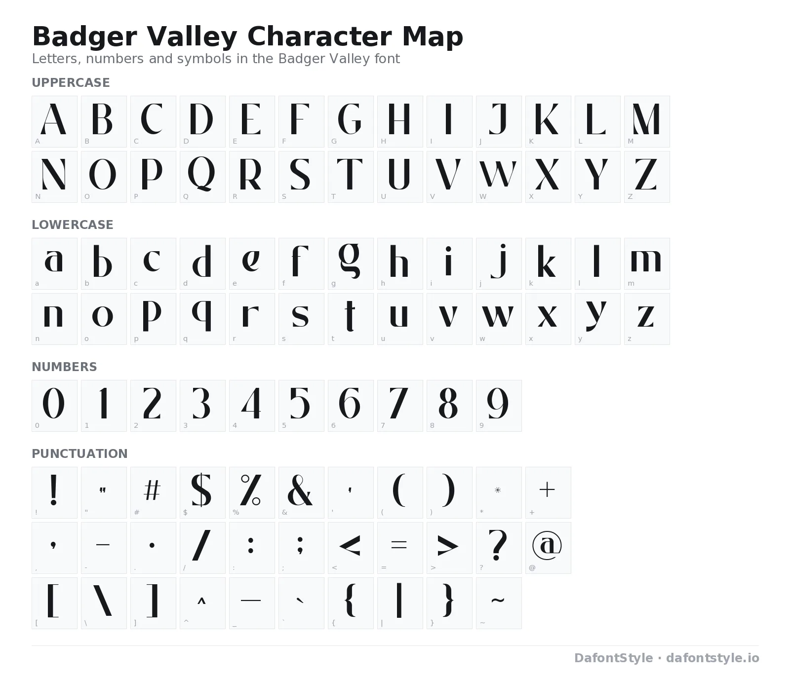 Badger Valley font character map with uppercase and lowercase letters, numbers and symbols