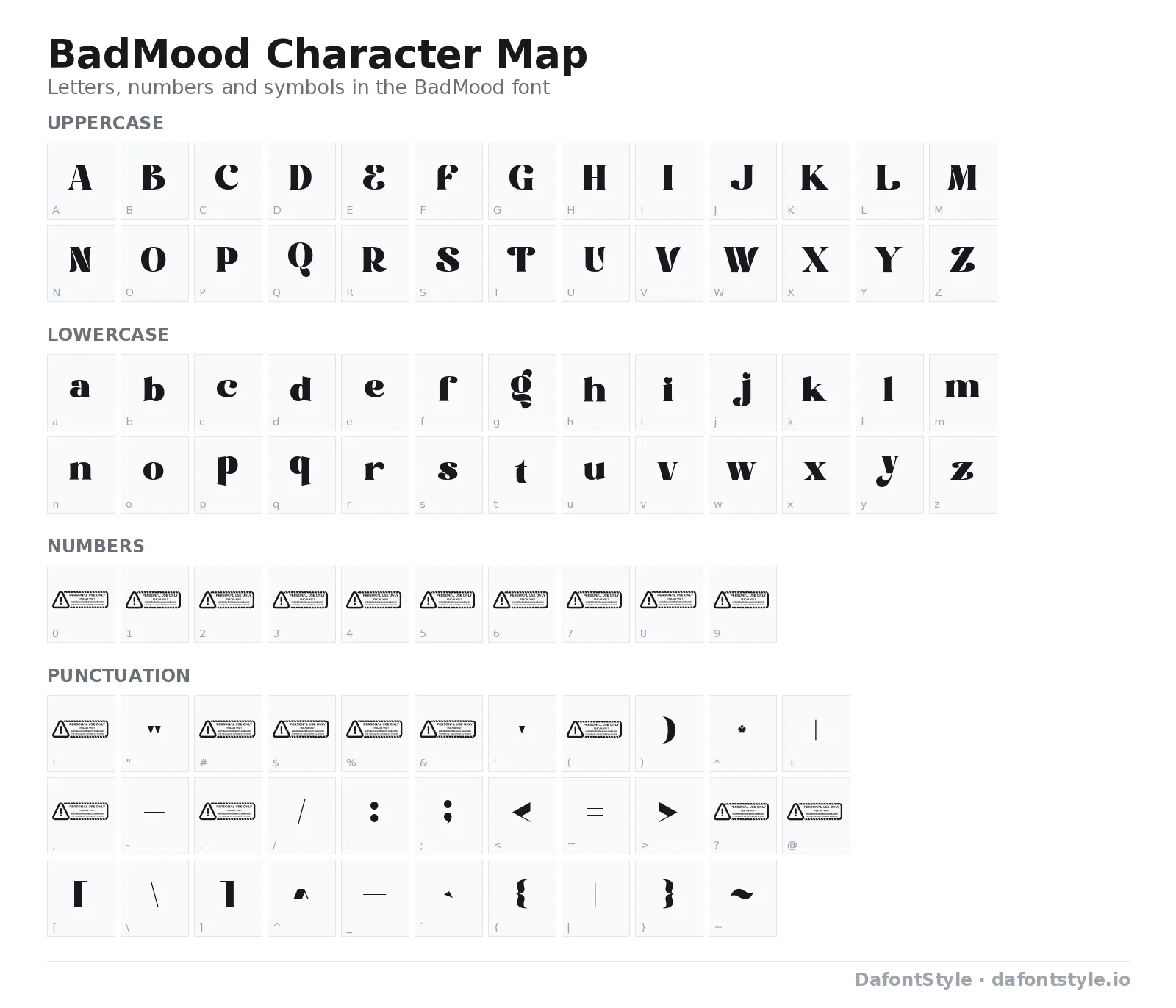 BadMood font character map with uppercase and lowercase letters, numbers and symbols