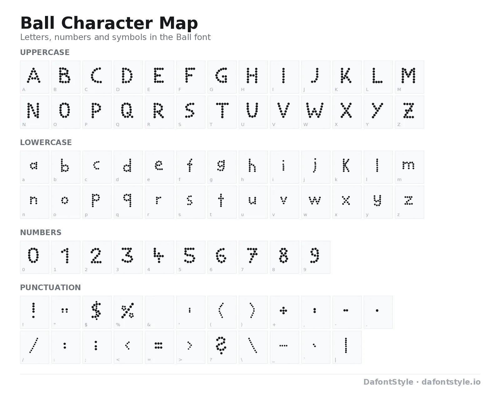 Ball font character map with uppercase and lowercase letters, numbers and symbols