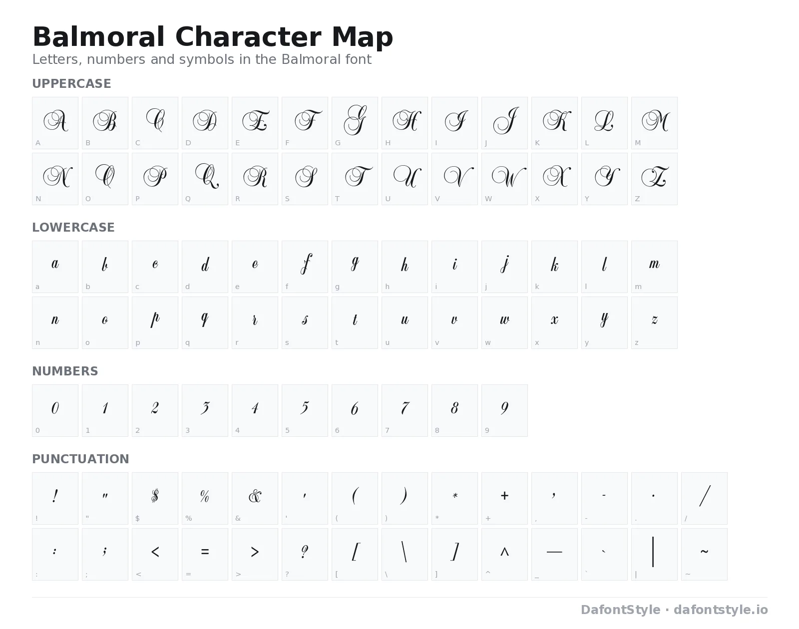 Balmoral font character map with uppercase and lowercase letters, numbers and symbols