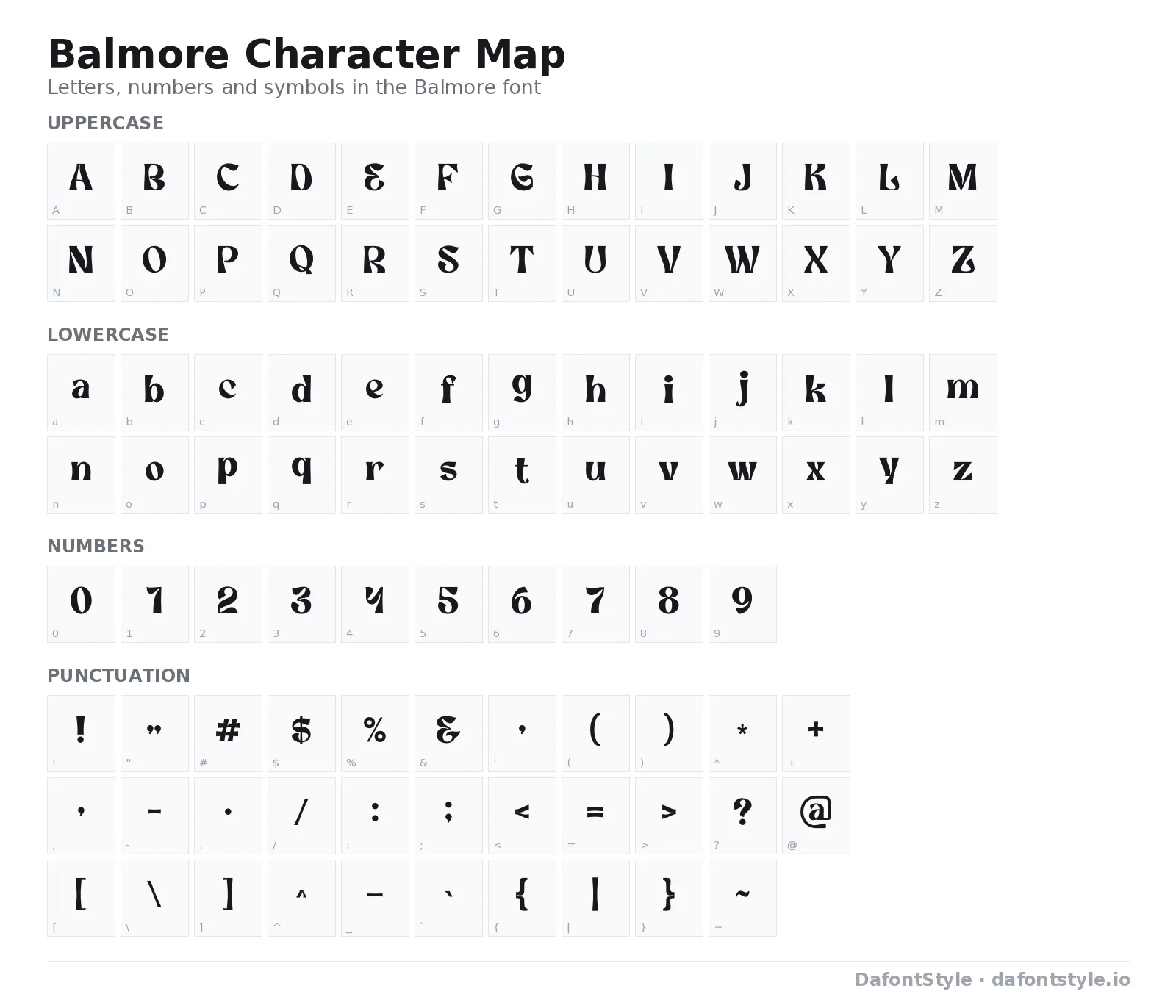 Balmore font character map with uppercase and lowercase letters, numbers and symbols