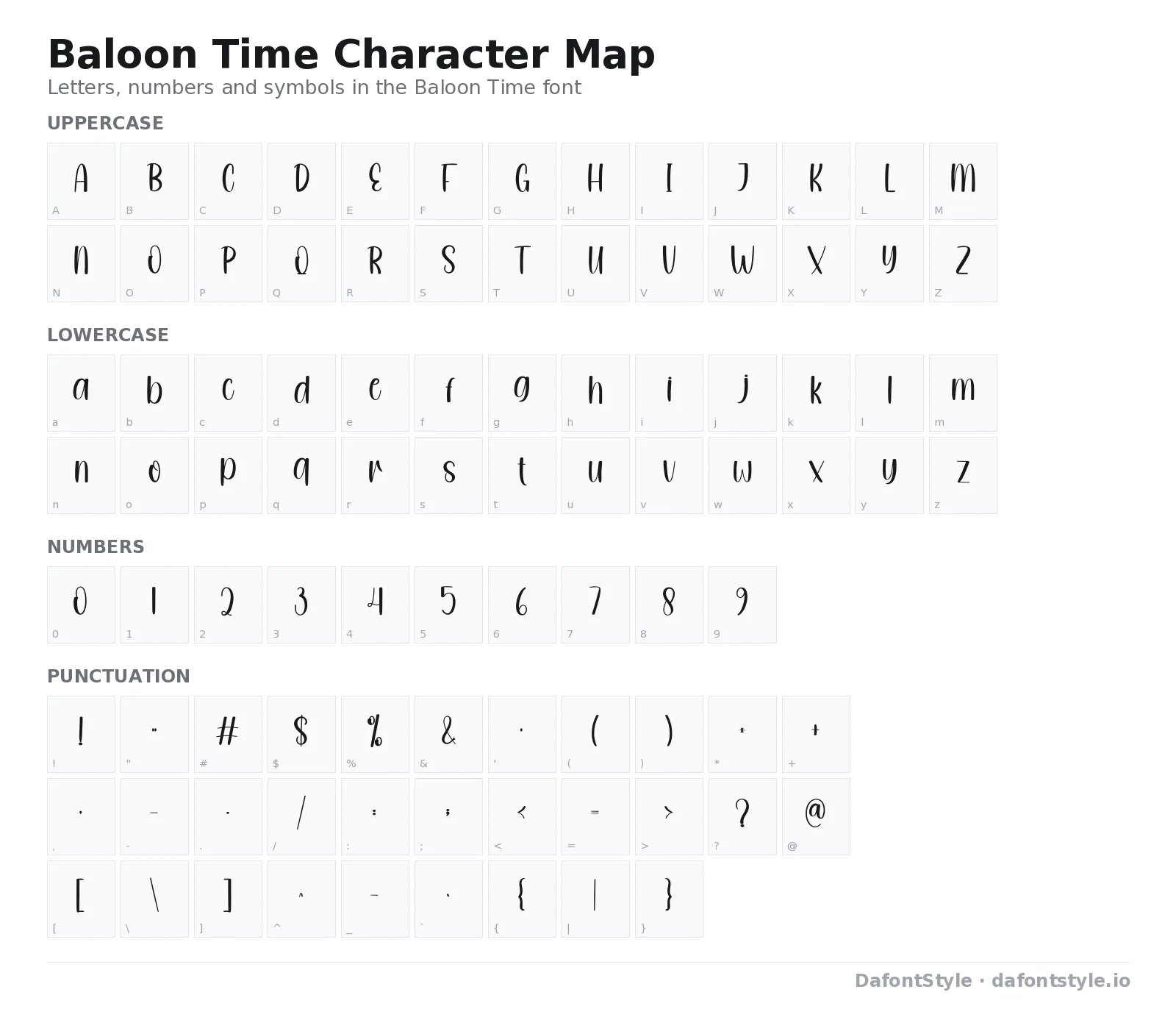 Baloon Time font character map with uppercase and lowercase letters, numbers and symbols