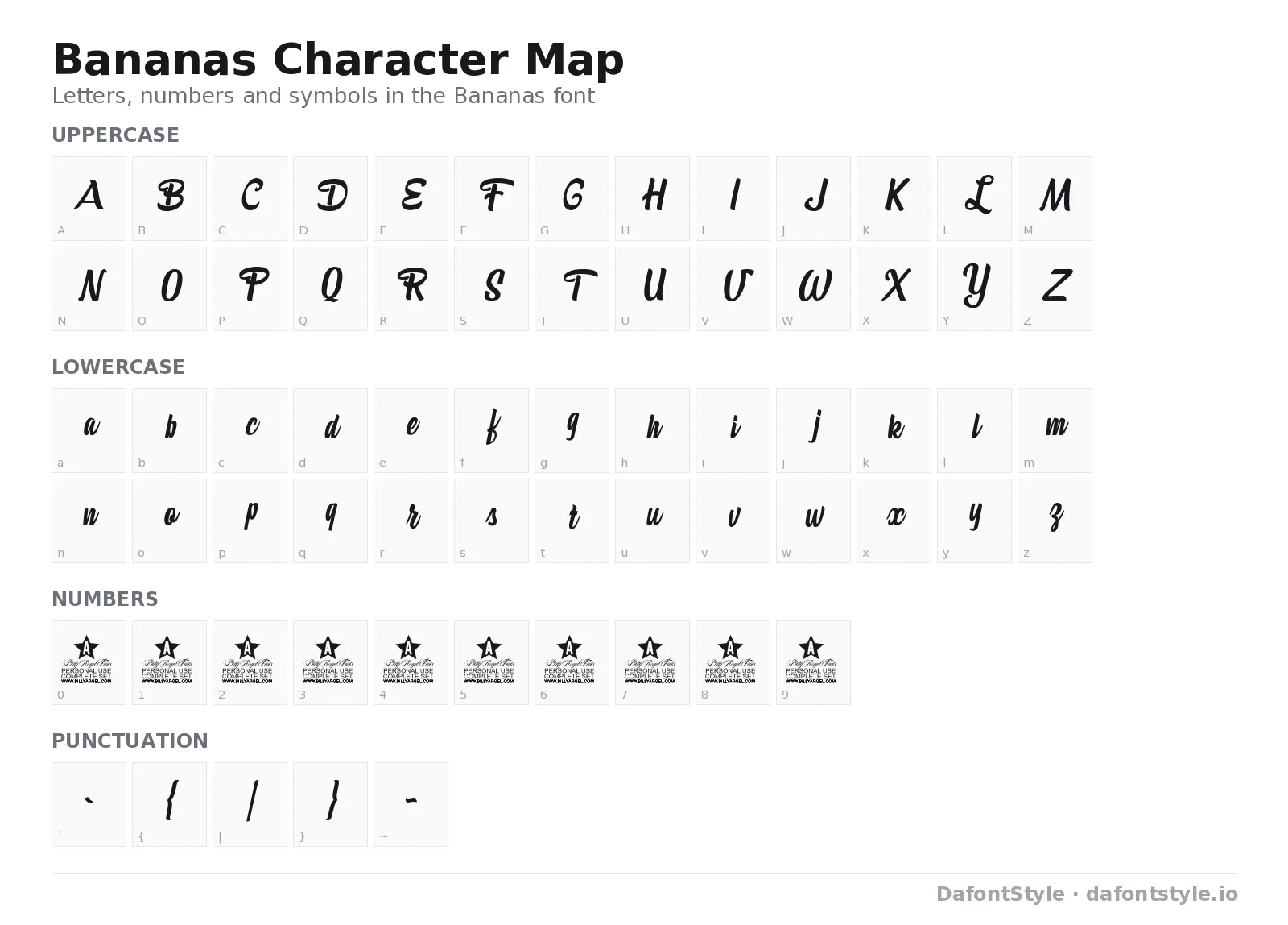 Bananas font character map with uppercase and lowercase letters, numbers and symbols