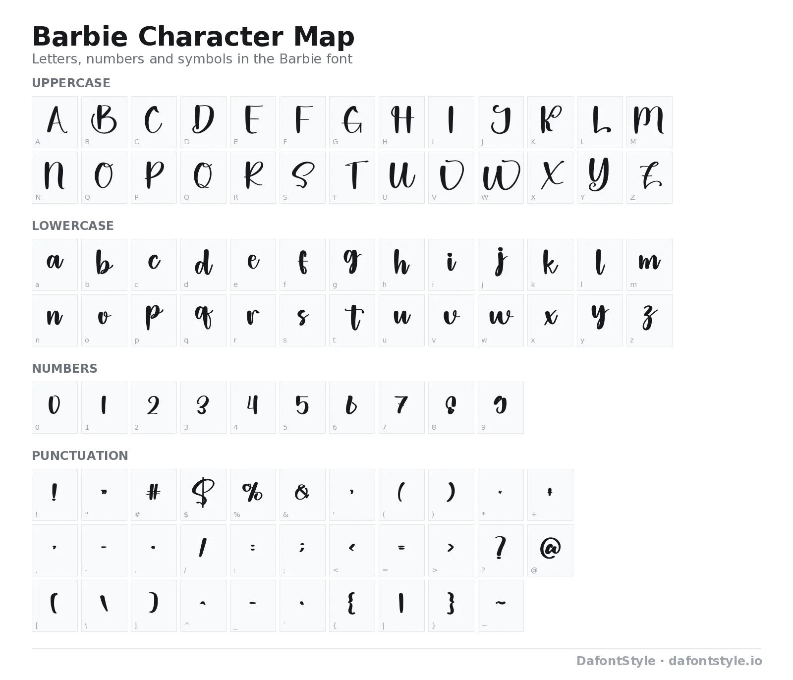 Barbie font character map with uppercase and lowercase letters, numbers and symbols