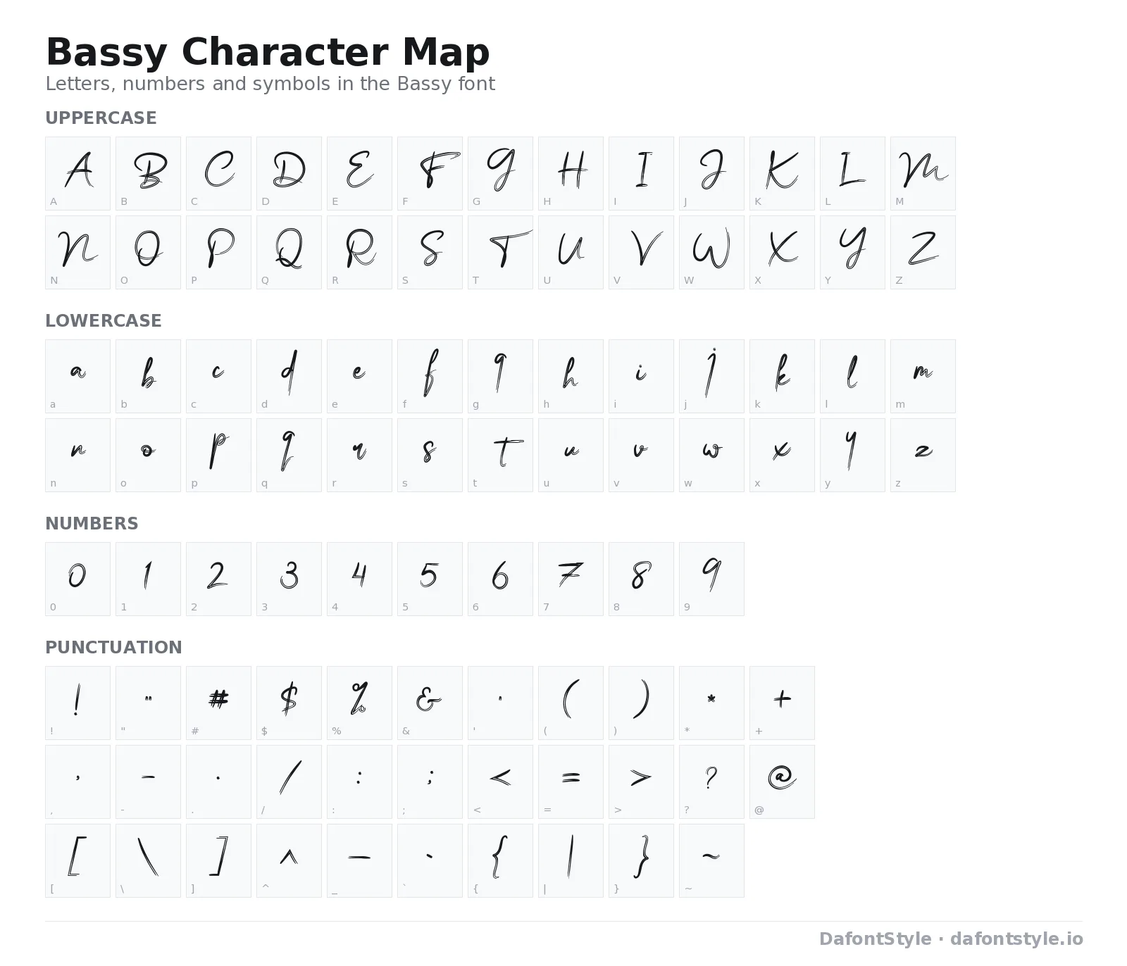 Bassy font character map with uppercase and lowercase letters, numbers and symbols
